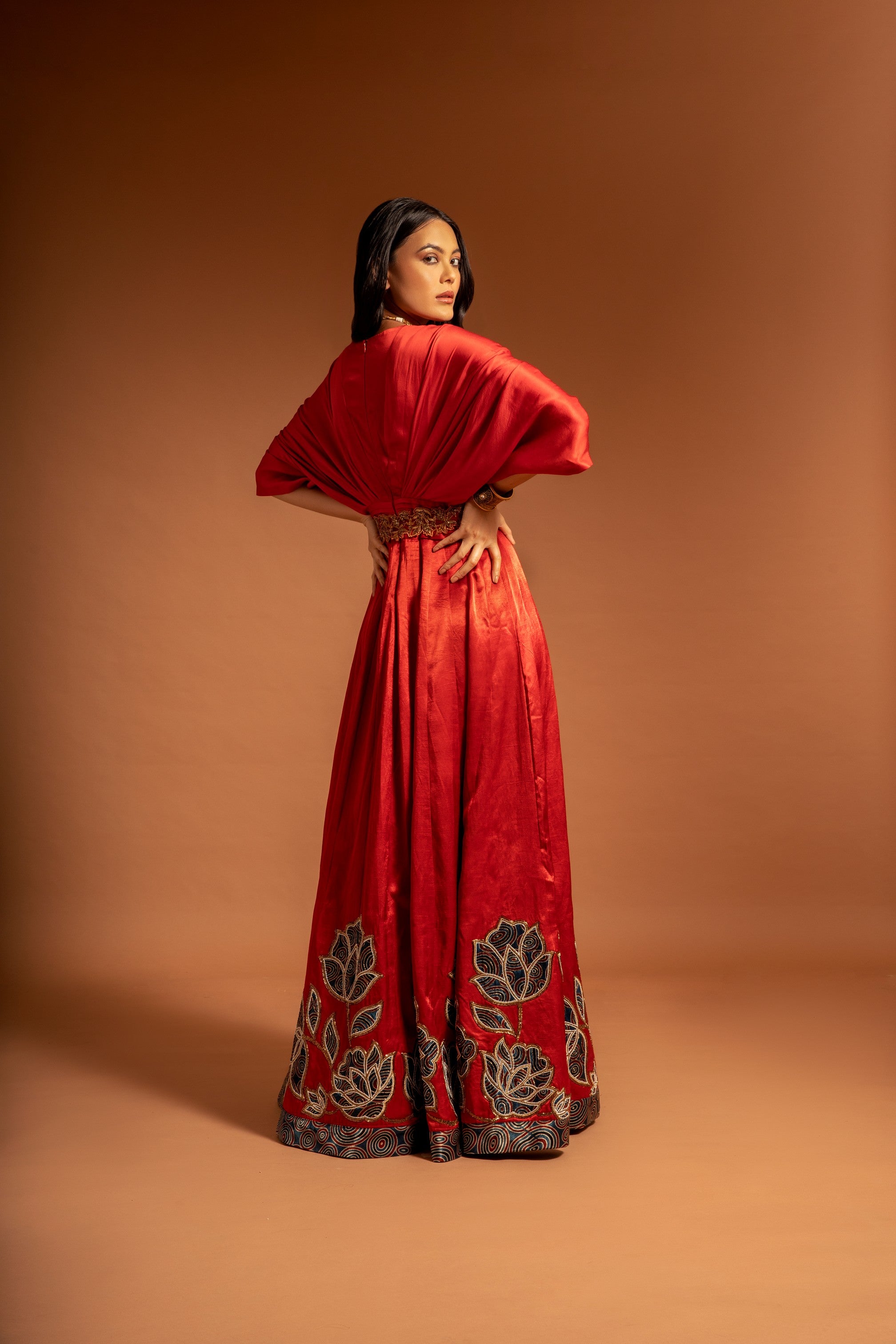 Red ajrakh embroidered gown
