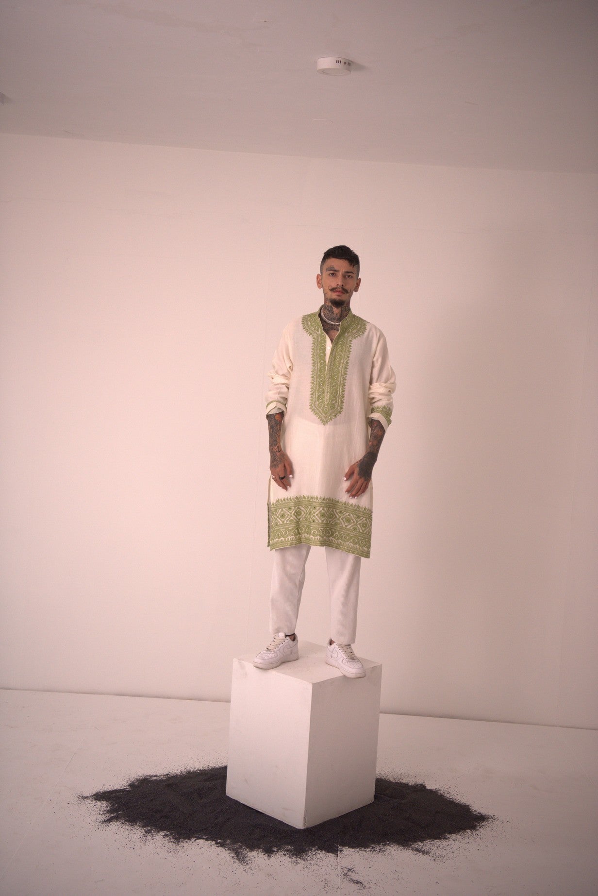 Chanderi Ivory Garnish in Green Kurta With Pants