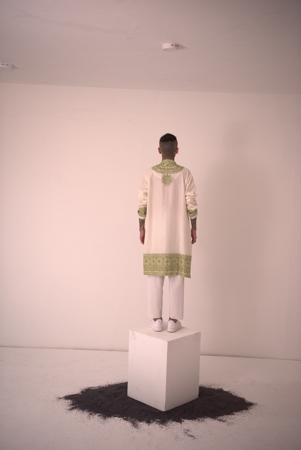 Chanderi Ivory Garnish in Green Kurta With Pants