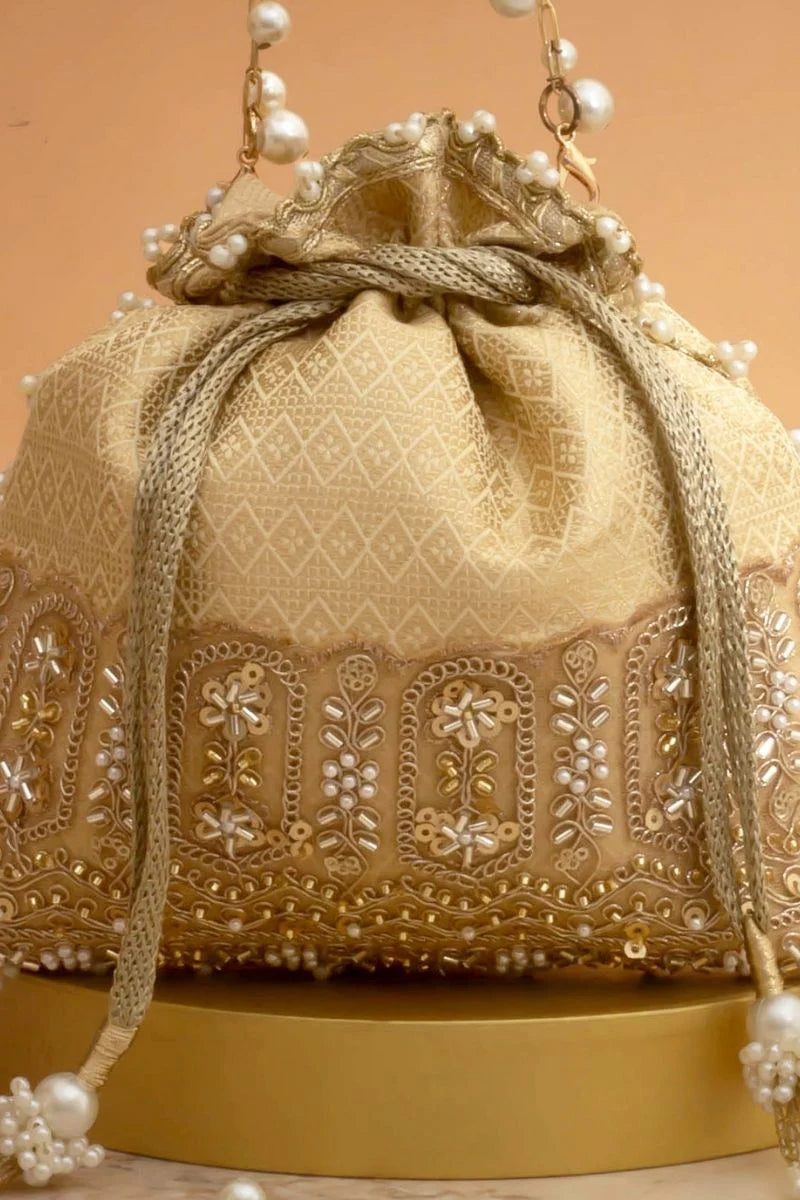 Geet Brocade Embellished Potli - Cream