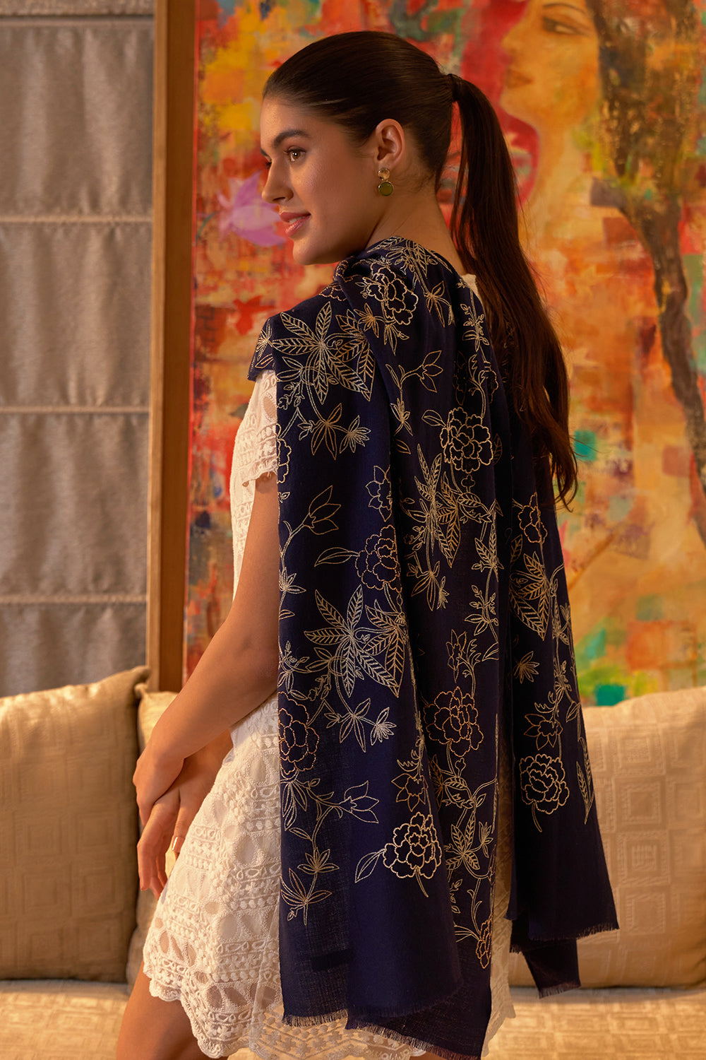 Golden Peony | Embroidered Fine Merino Wool Stole
