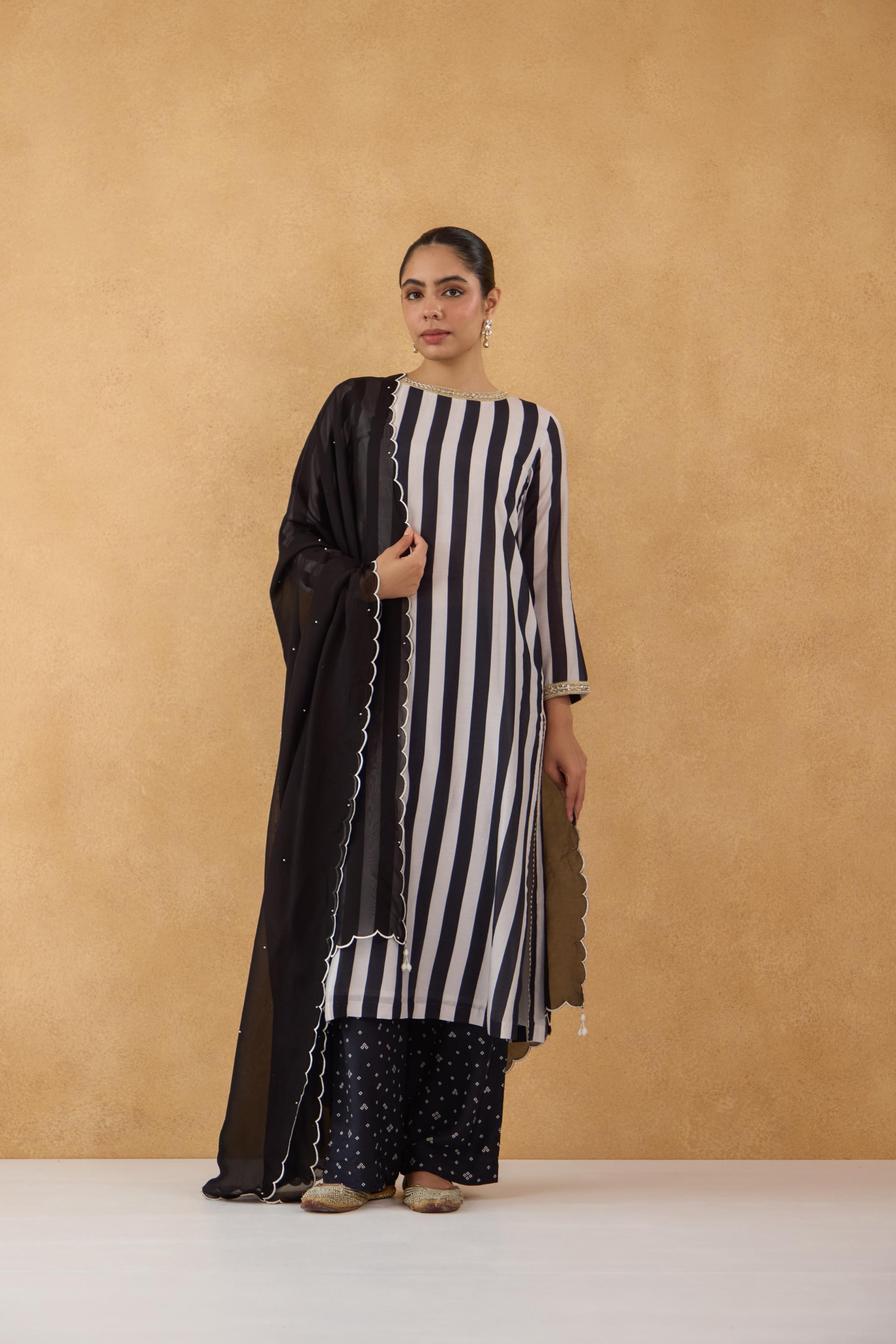 Black & White Stripe Kurta with Bandhej Pants Set of 3