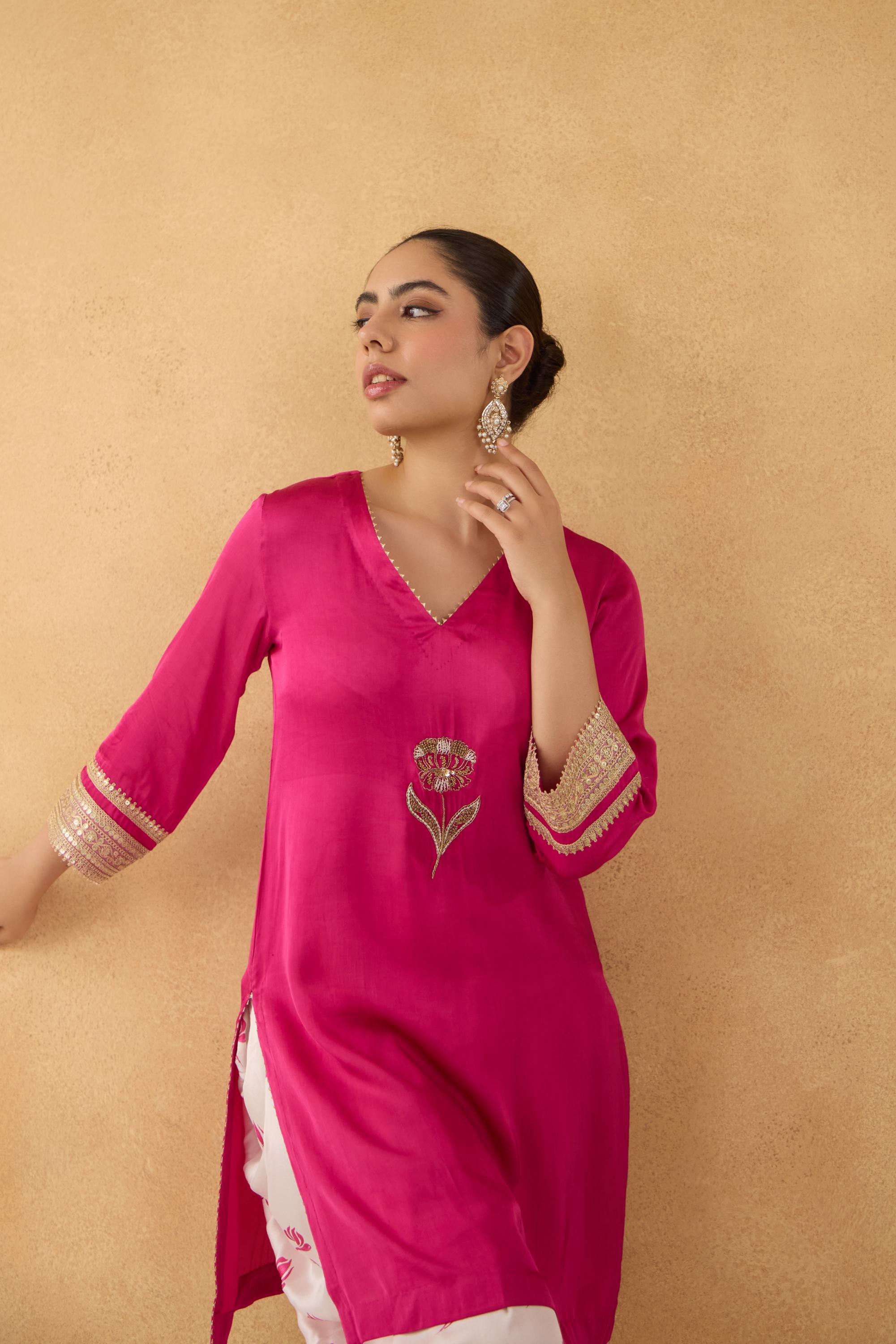 Fushia Embroidered Kurta With Floral Printed Dhoti Pants