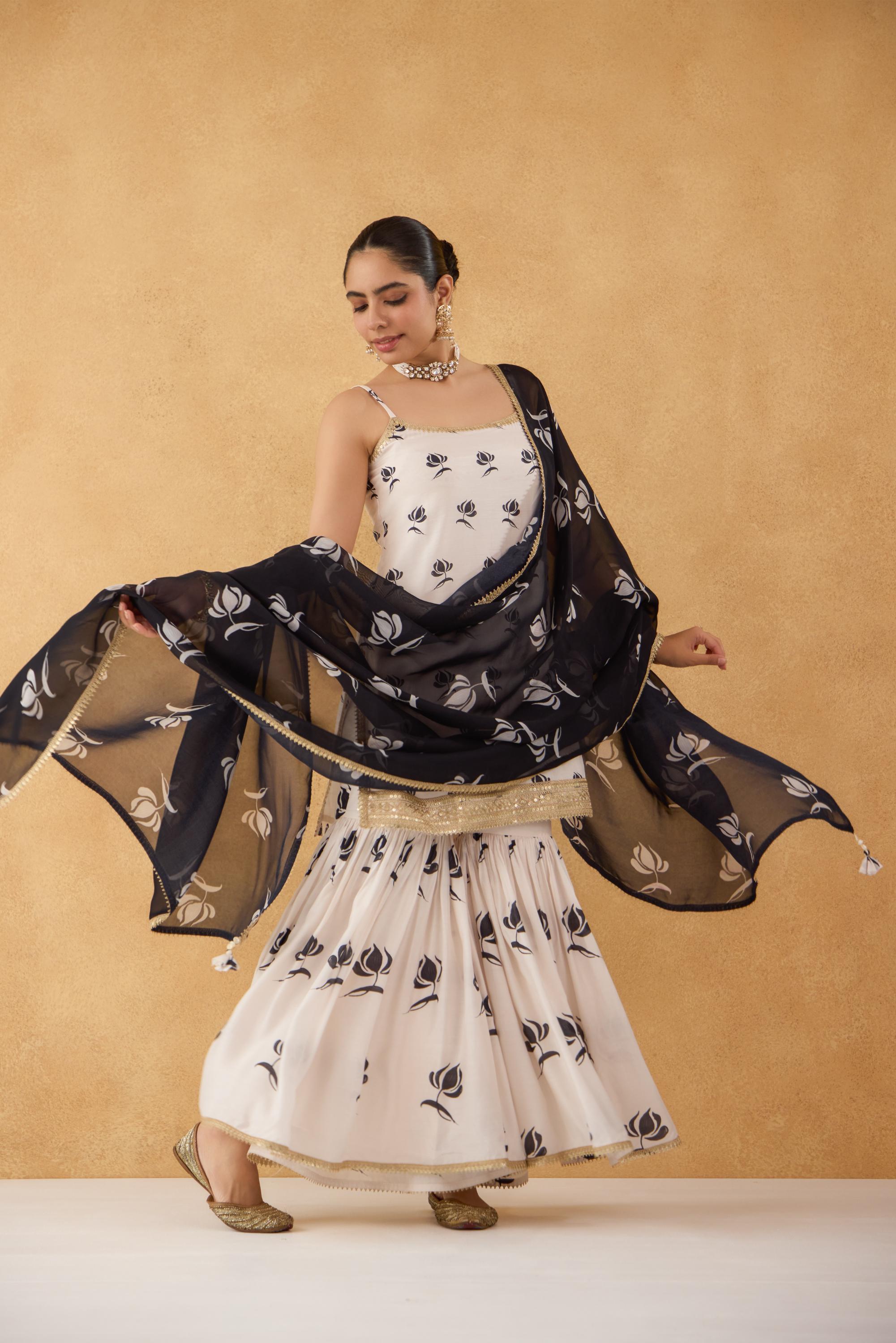 Maya: Black/White Strappy Short Kurta with Sharara & Dupatta