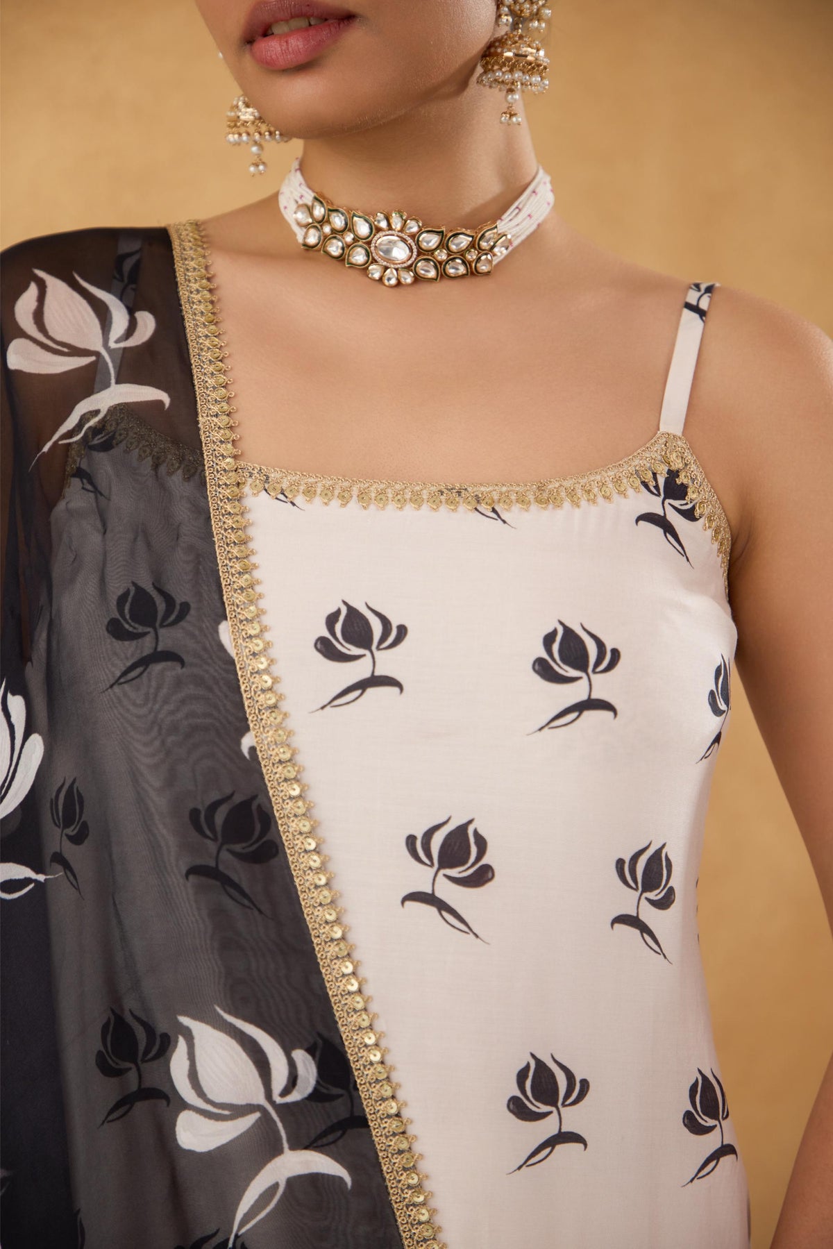Maya: Black/White Strappy Short Kurta with Sharara & Dupatta