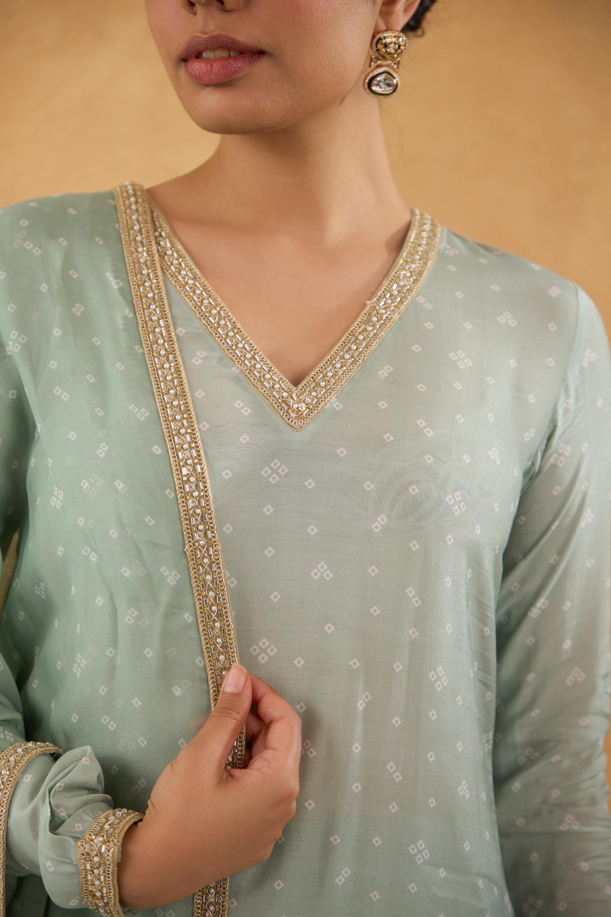Sage Green Bandhej Printed Kurta Set of 3