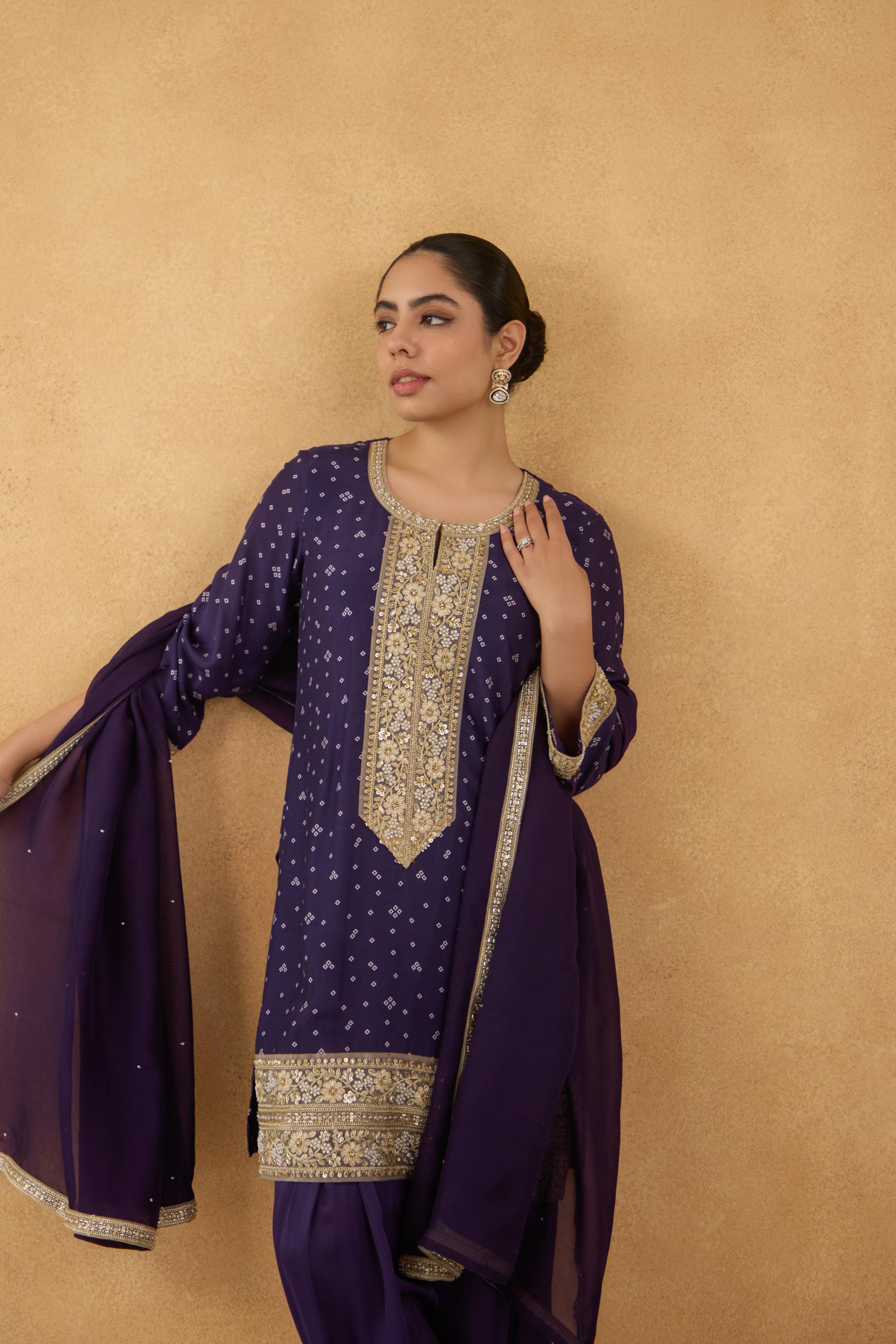 Purple Bandhej Printed Kurta Set of 3