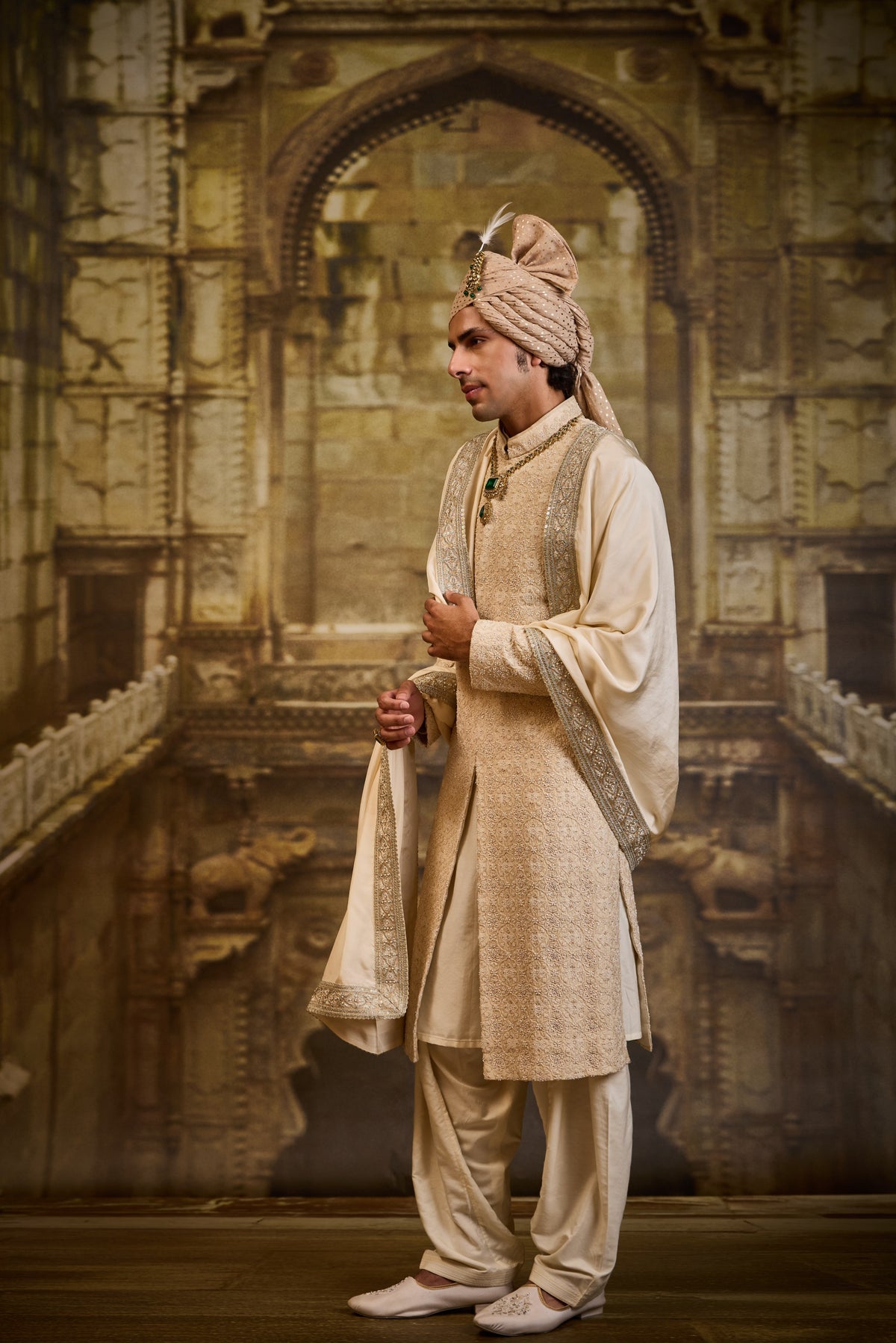 LIGHT BEIGE MOROCCAN PATTERN EMBROIDERY SHERWANI SET