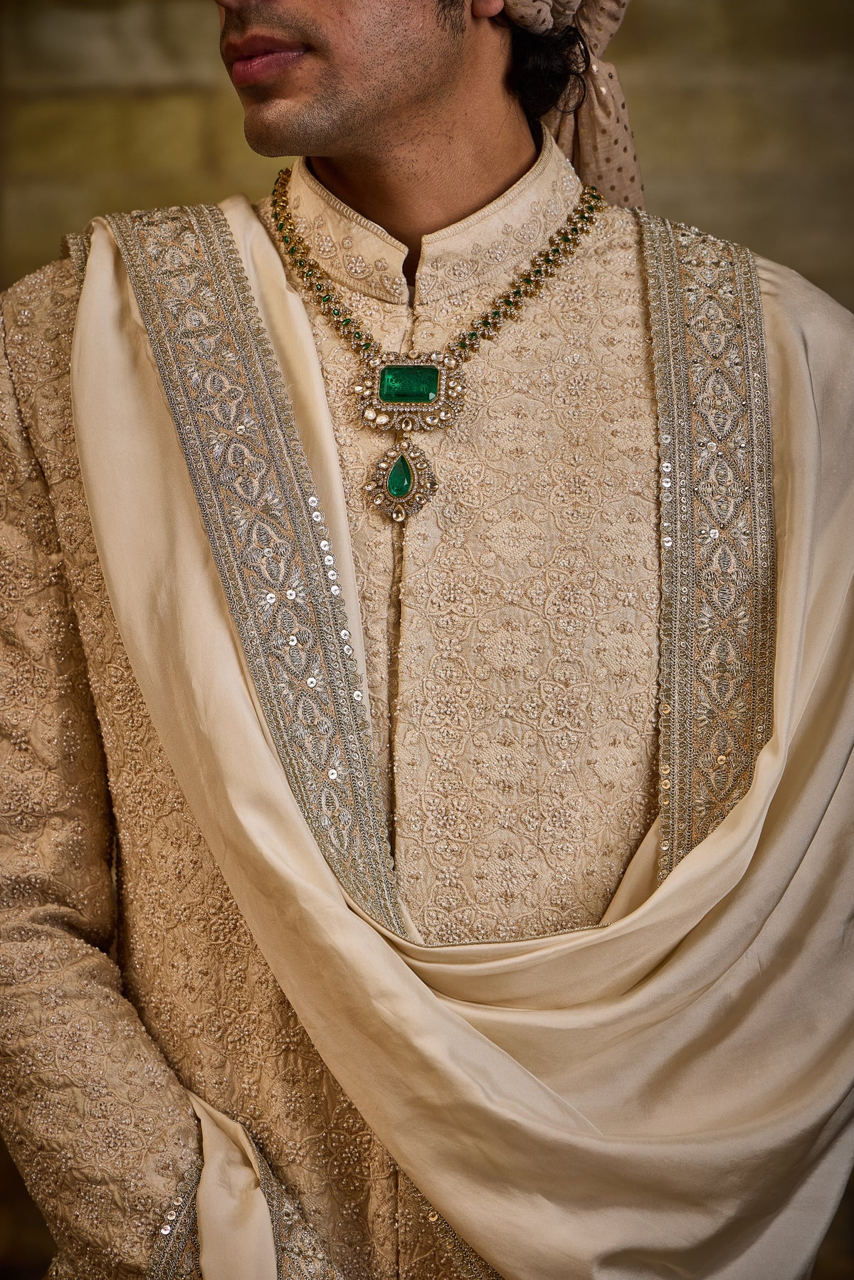 LIGHT BEIGE MOROCCAN PATTERN EMBROIDERY SHERWANI SET