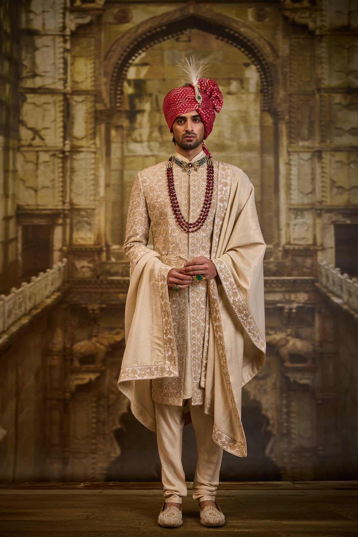 IVORY TAFFETA SHERWANI GOLD KIRAN DORI