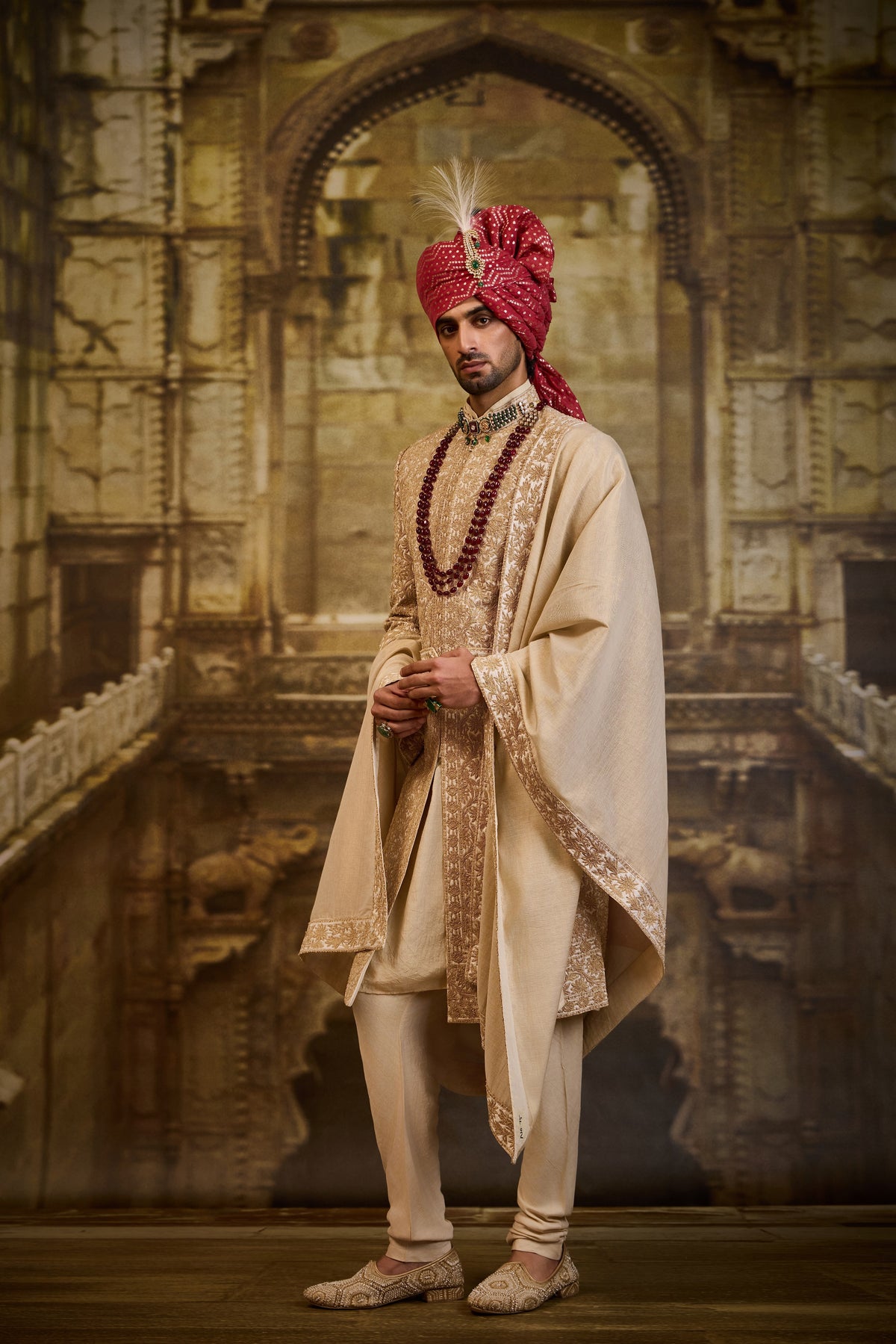 IVORY TAFFETA SHERWANI GOLD KIRAN DORI