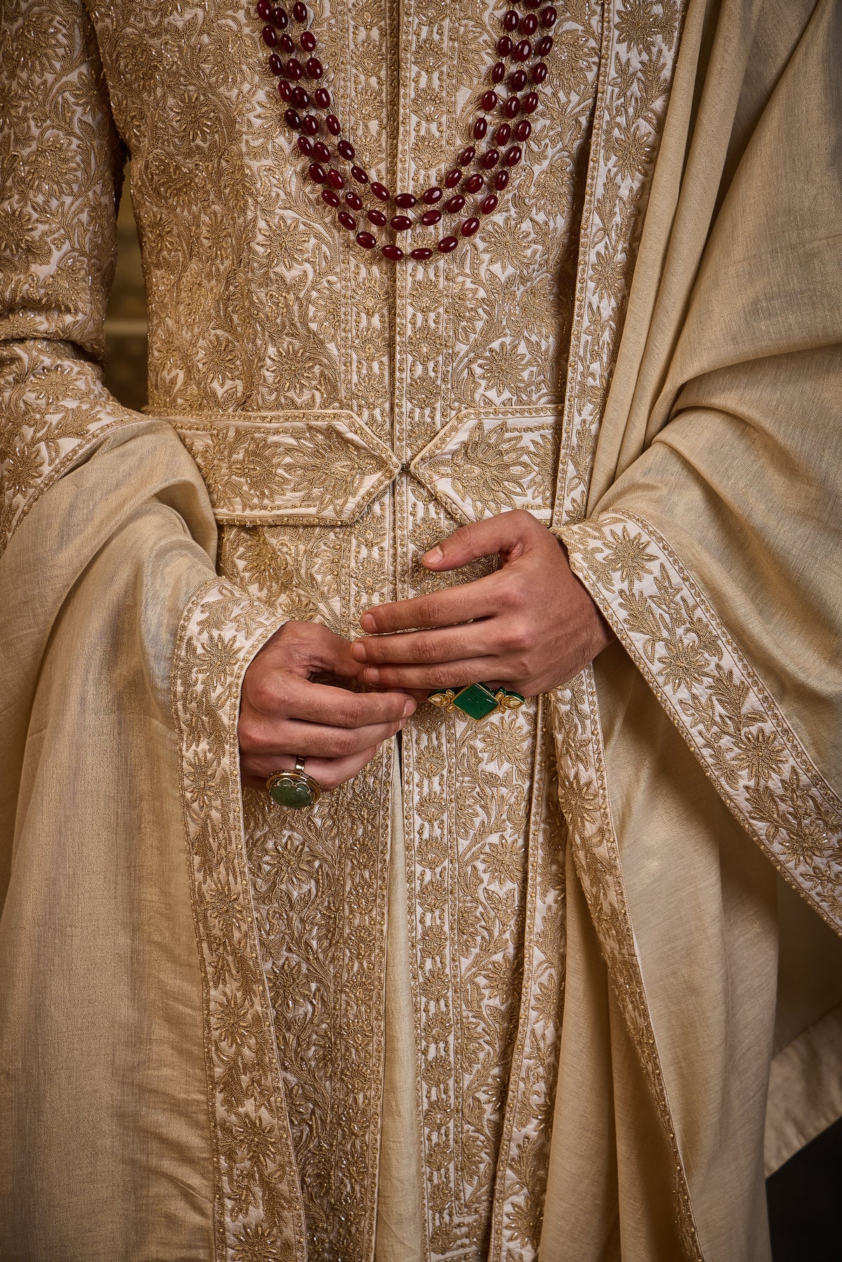 IVORY TAFFETA SHERWANI GOLD KIRAN DORI