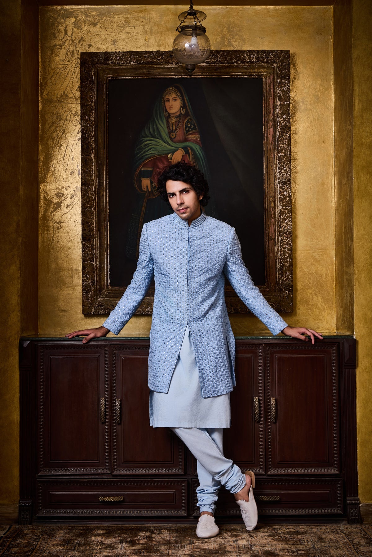 SKY BLUE SHORT SHERWANI KURTA CHURIDAR SET