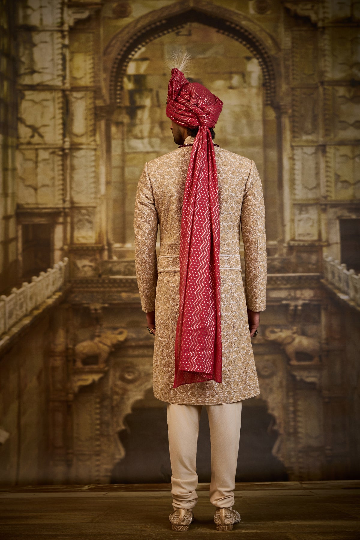 IVORY TAFFETA SHERWANI GOLD KIRAN DORI
