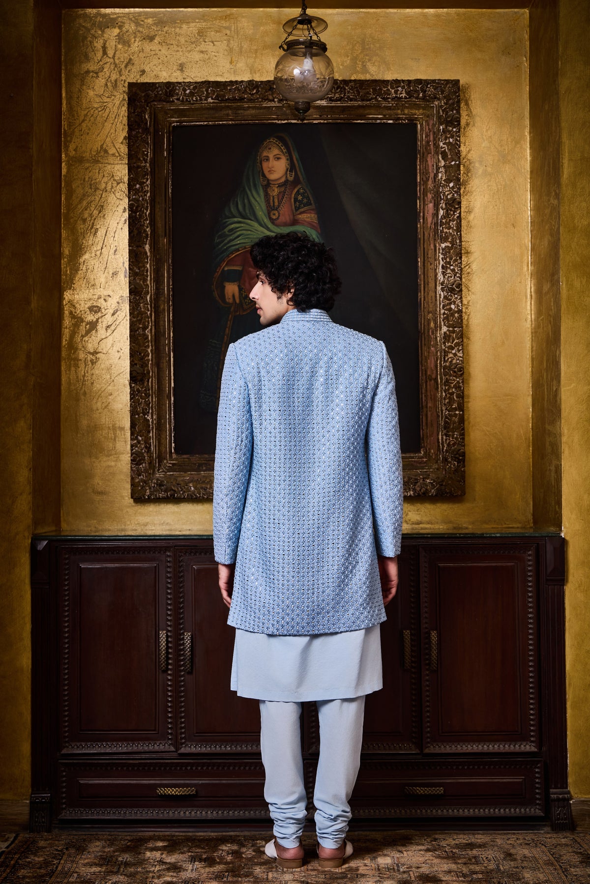 SKY BLUE SHORT SHERWANI KURTA CHURIDAR SET