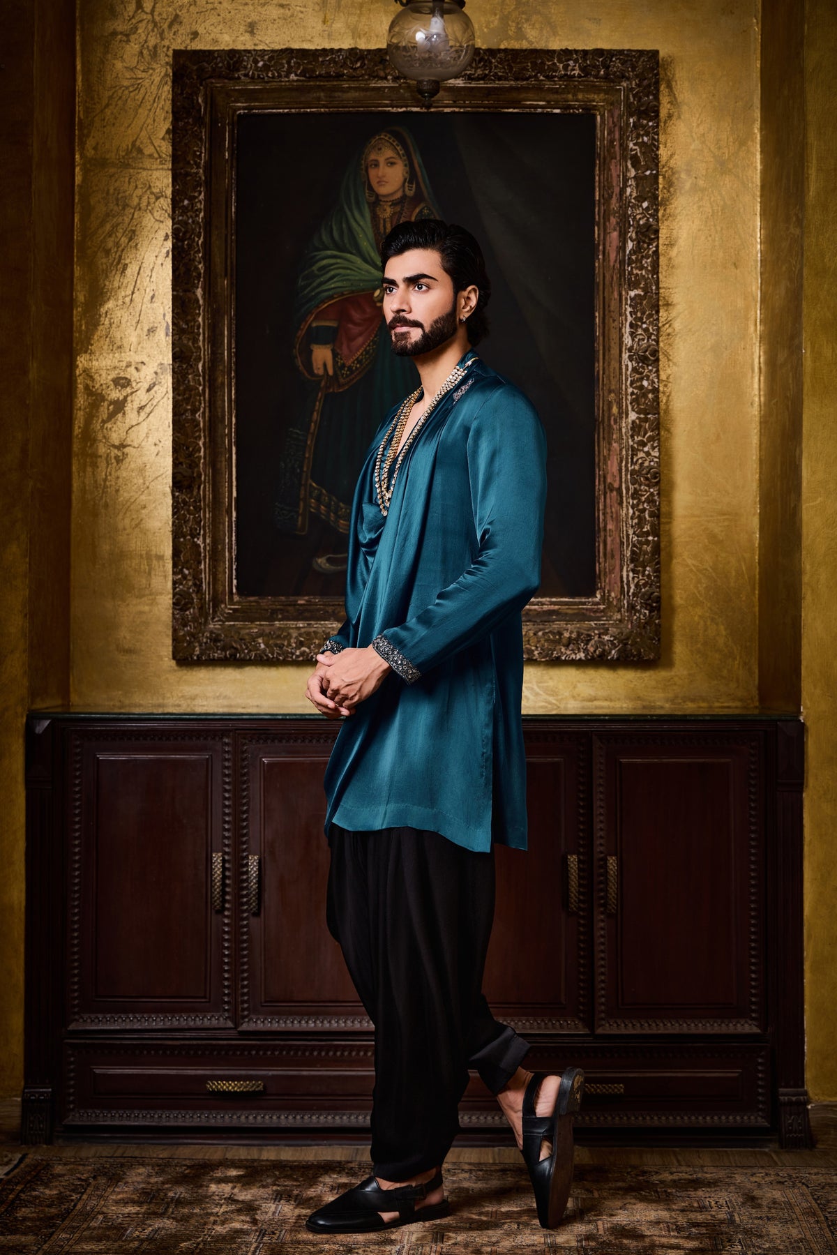 DEEP PEACOCK BLUE DRAPED KURTA SALWAR SET