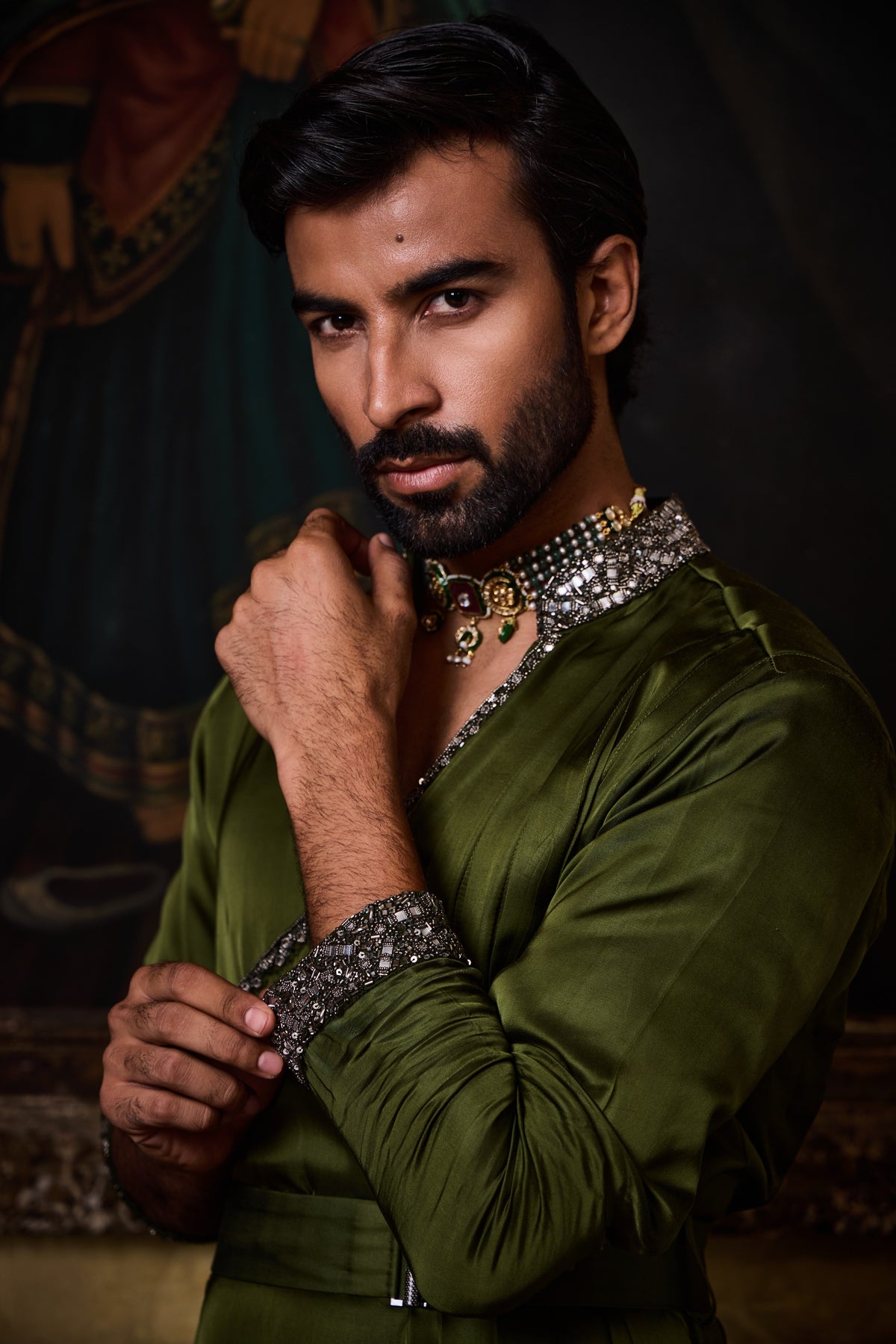 OLIVE GREEN DRAPED KURTA CHURIDAR SET