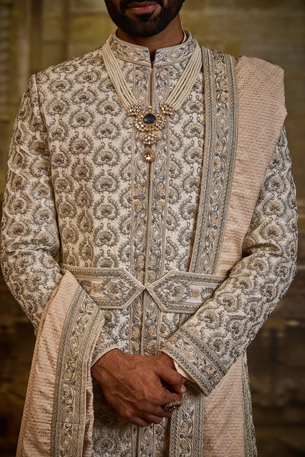 IVORY TAFFETA SILK SHERWANI BEIGE FRENCH KNOTS AND ZARDOZI WORK