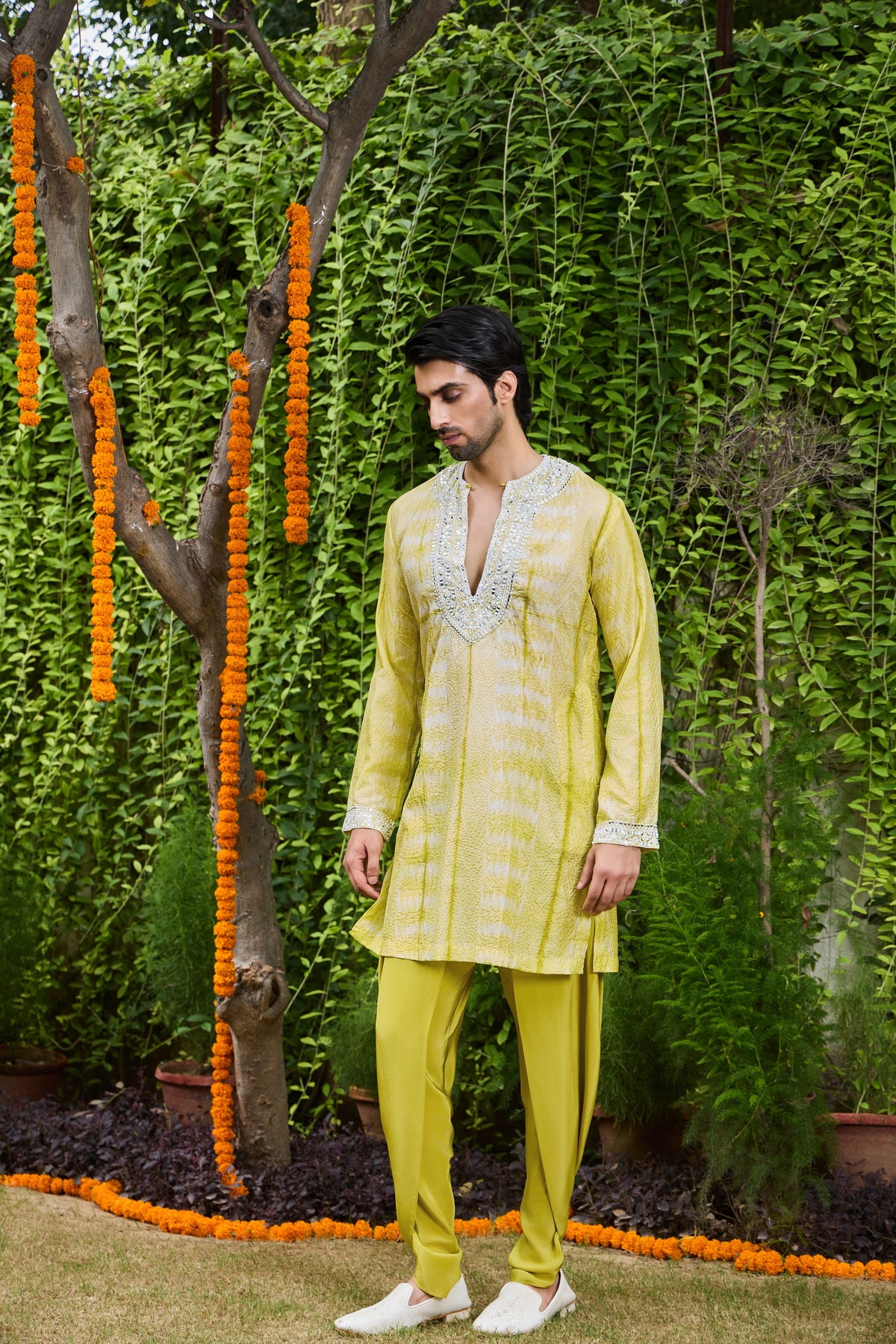 MEHENDI GREEN SHIBORI KURTA DHOTI SET