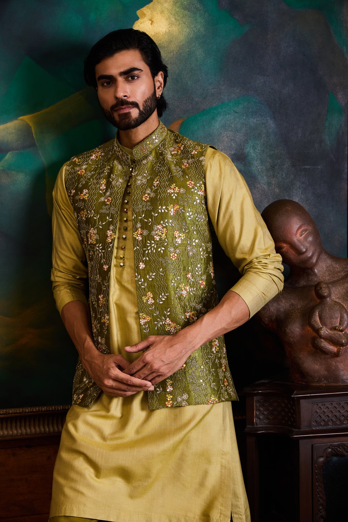 OLIVE GREEN BUNDI KURTA SET