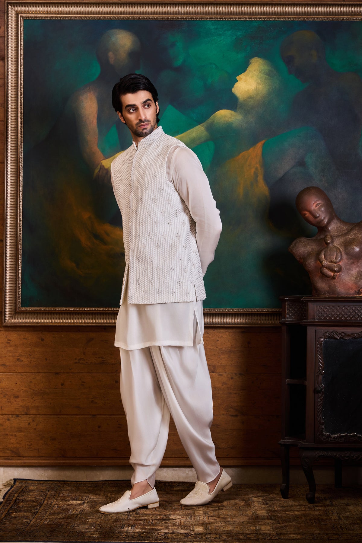 WHITE BUNDI KURTA DHOTI SET