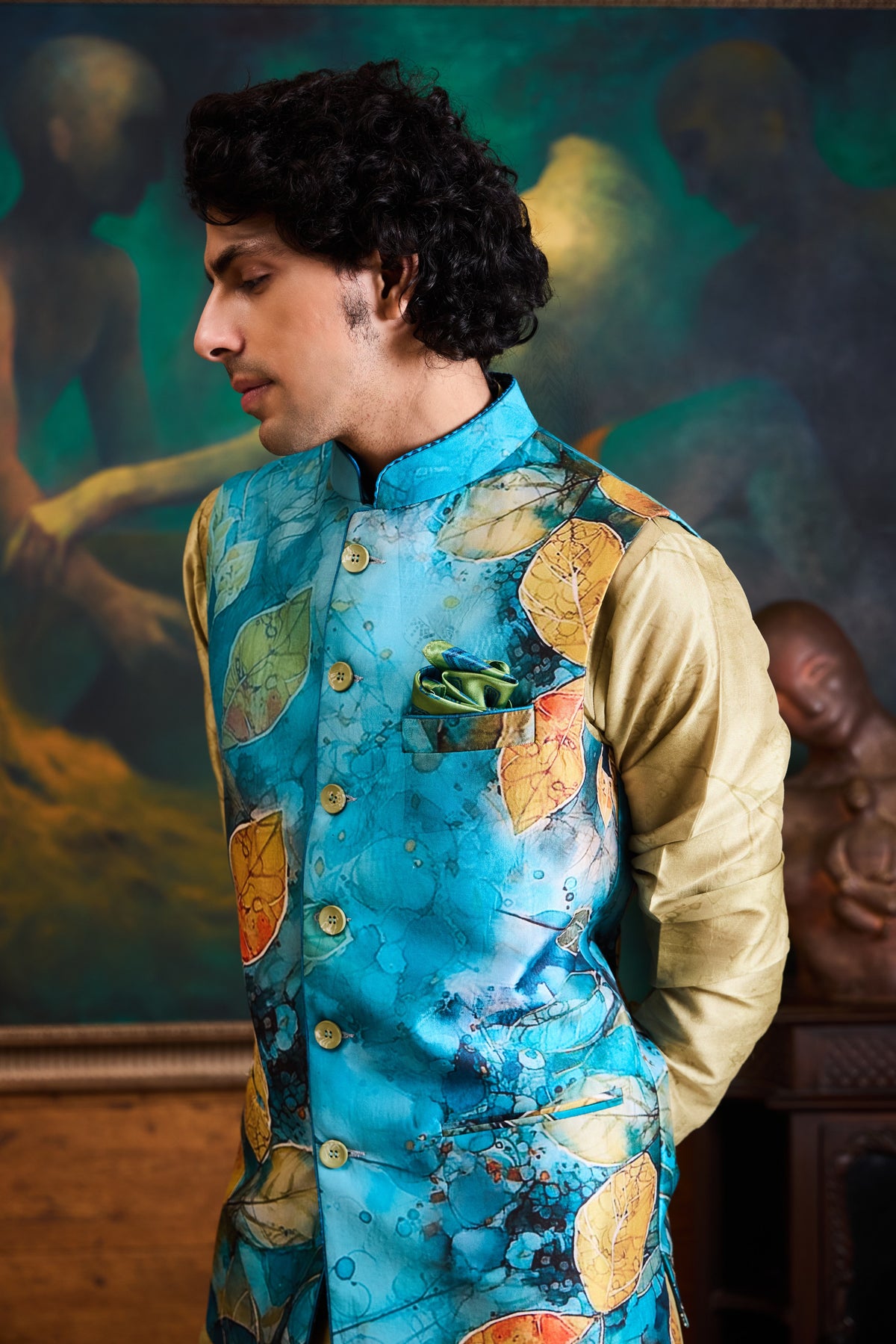 TEAL OLIVE PRINTED KURTA BUNDI SET