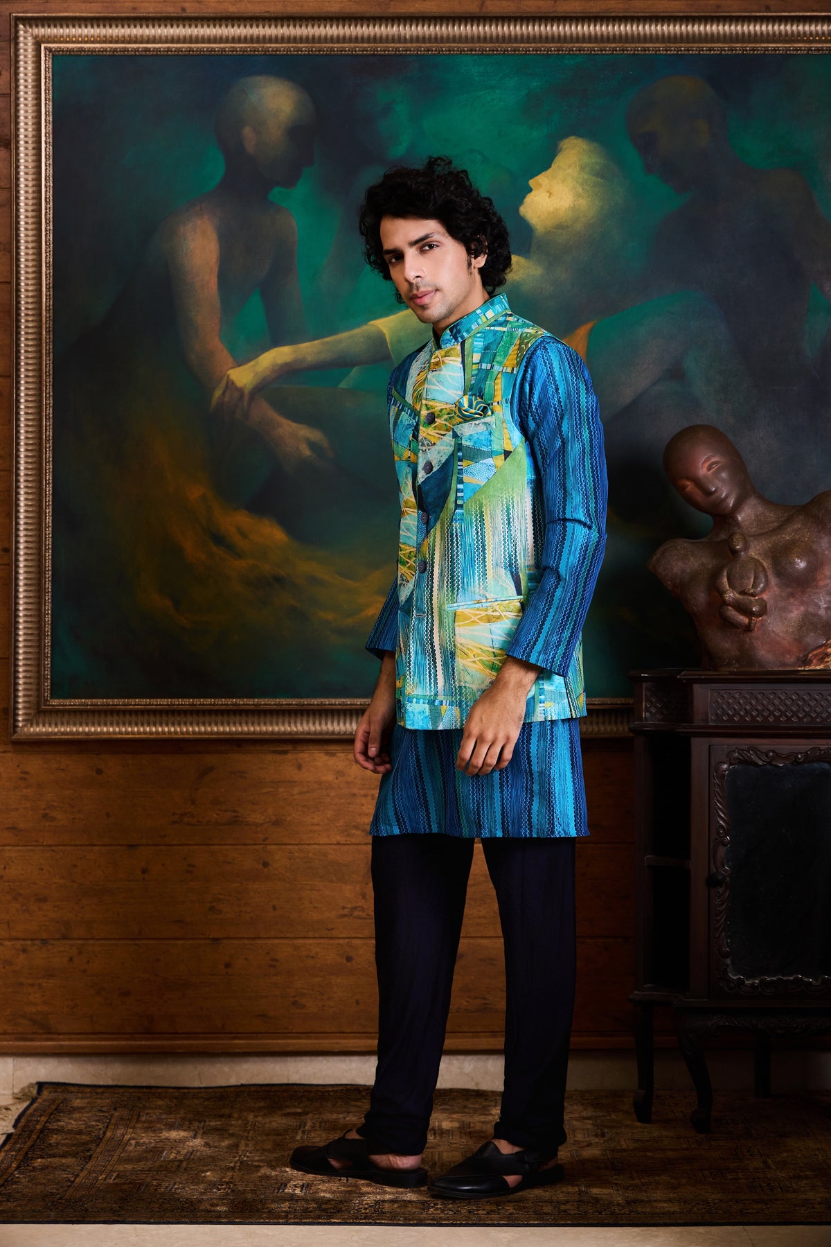 TURQ BLUE PRINTED KURTA BUNDI SET