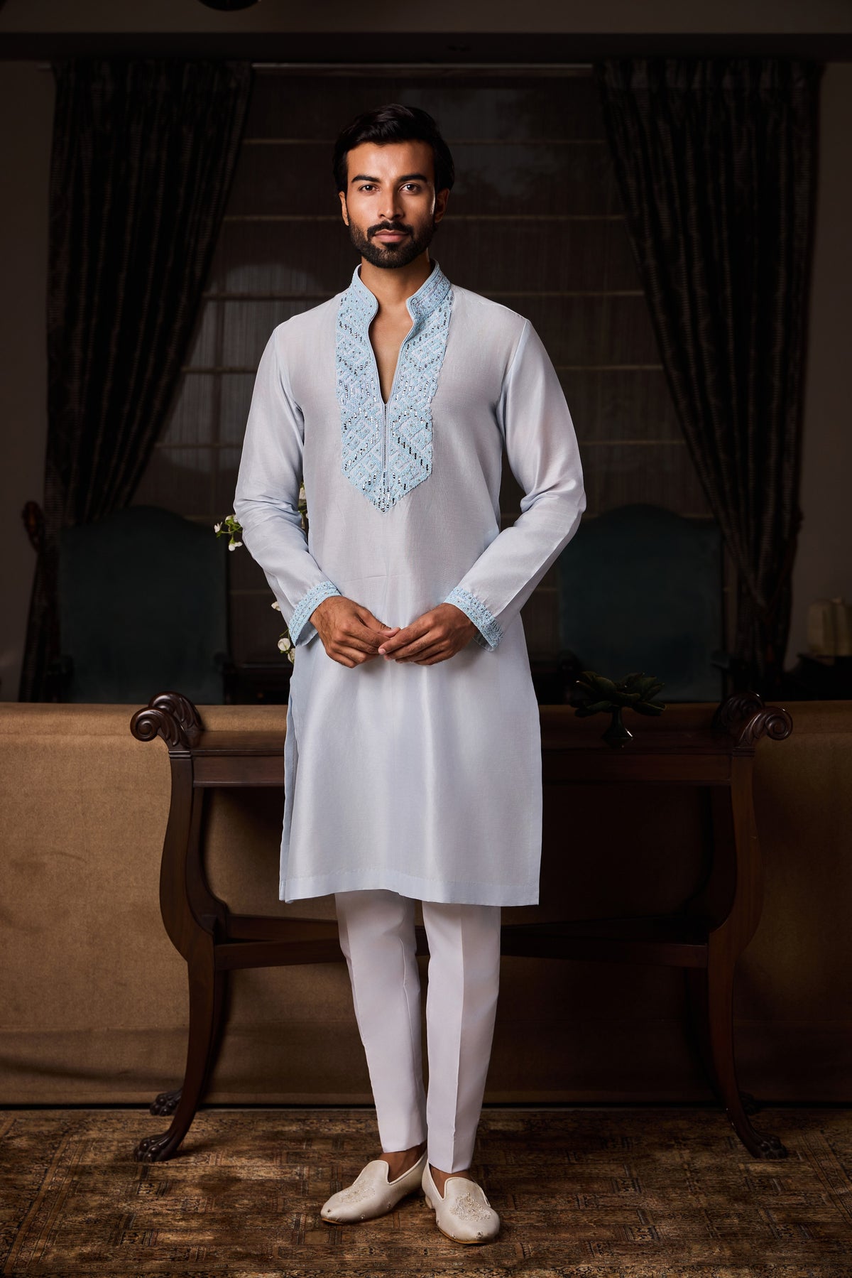 POWDER BLUE CHANDERI KURTA BEADWORK SET