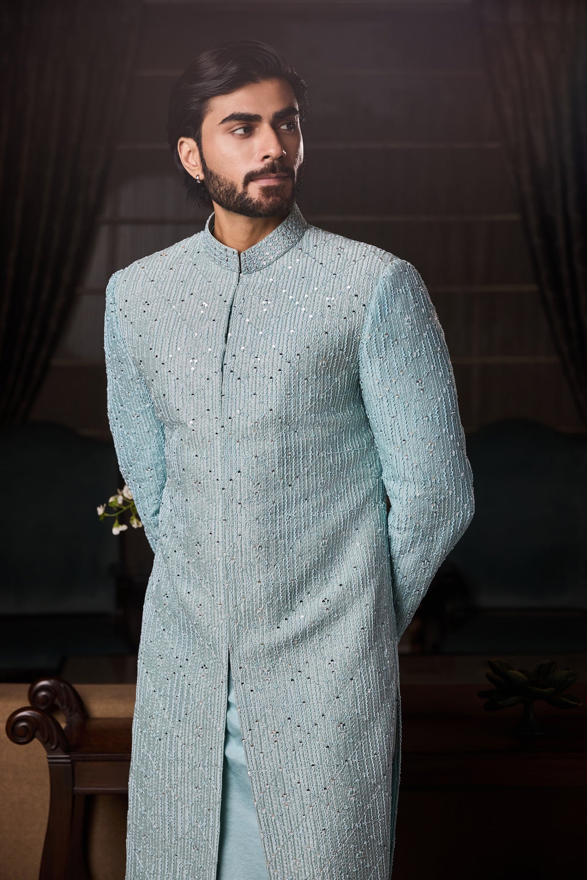 JADE BLUE RAW SILK SHERWANI SET