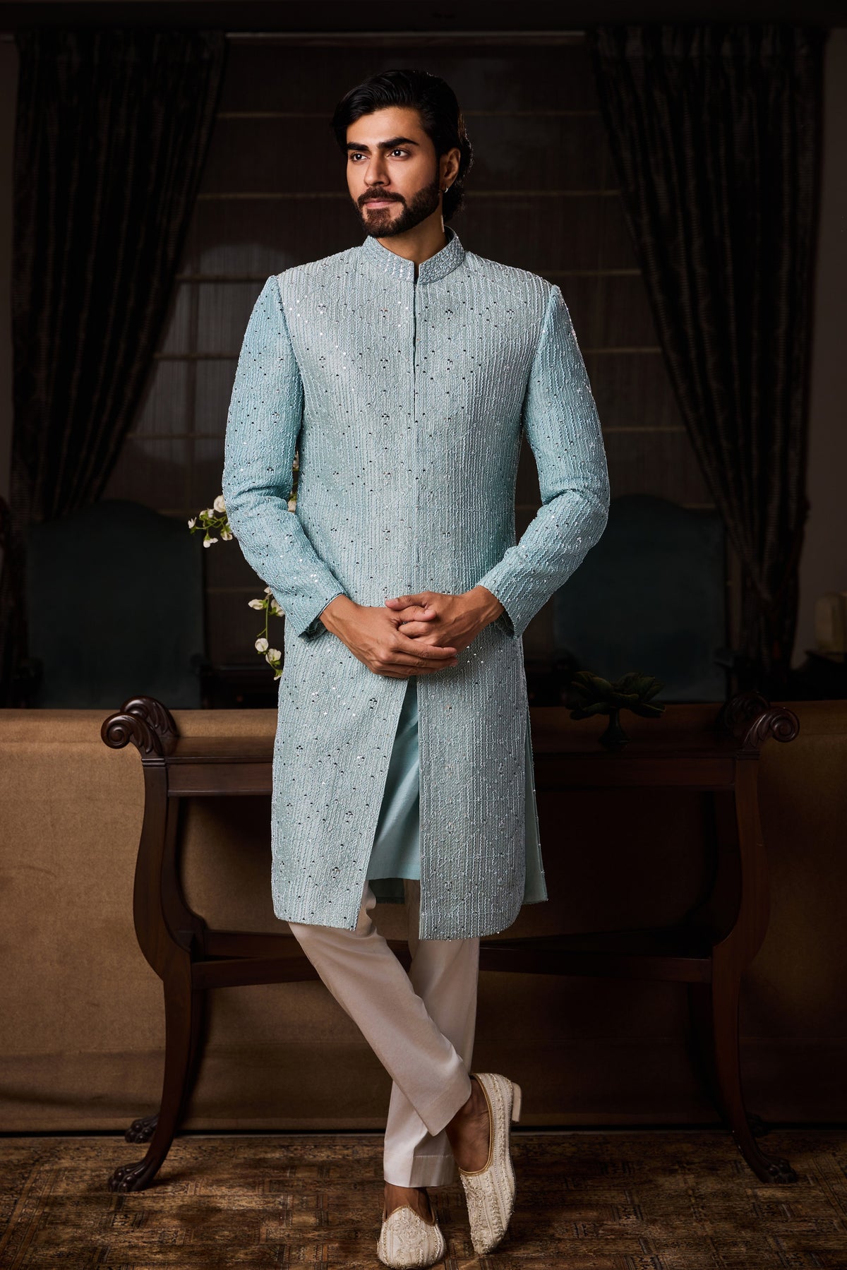 JADE BLUE RAW SILK SHERWANI SET