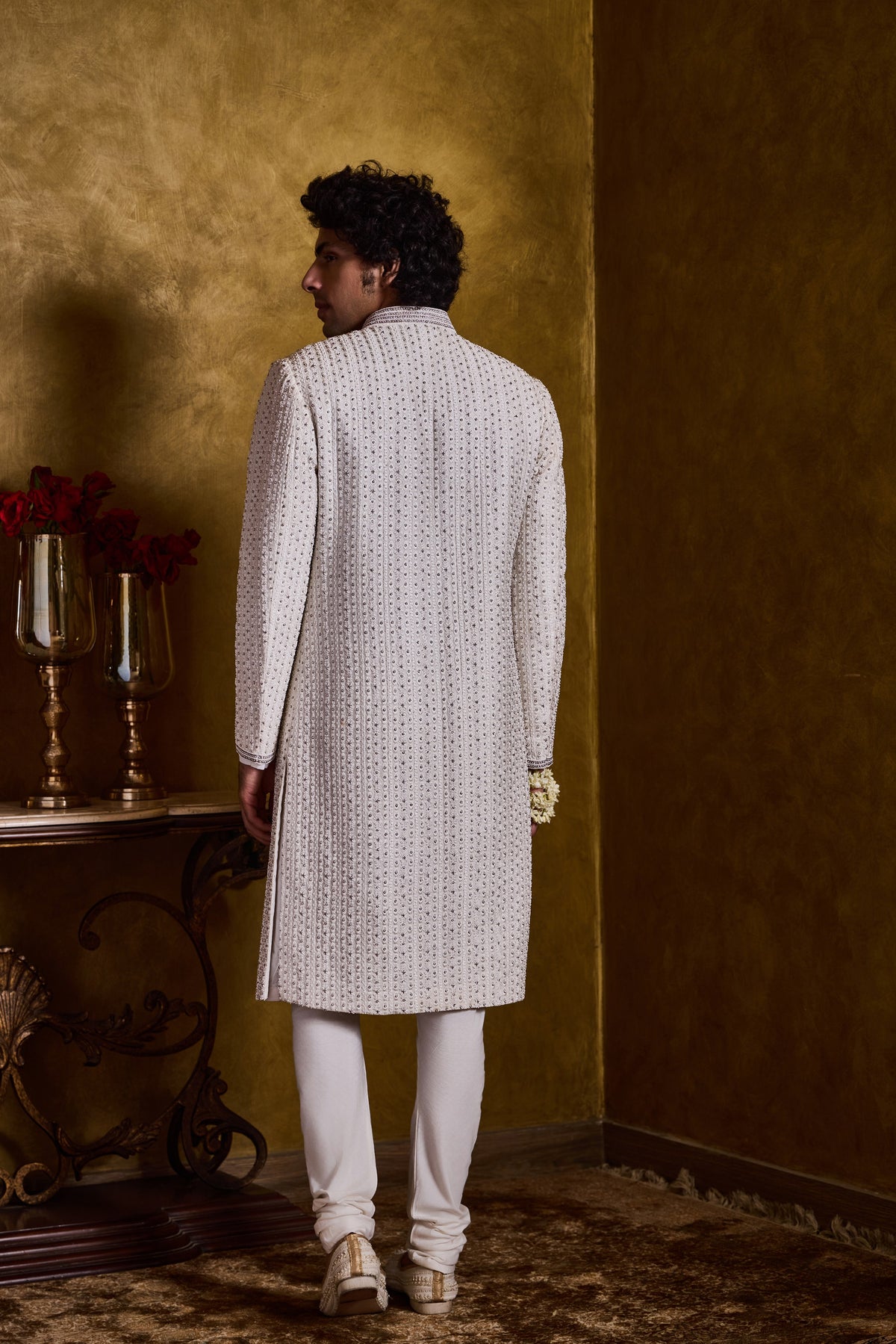IVORY SHERWANI WITH SILVER EMBROIDERY SET