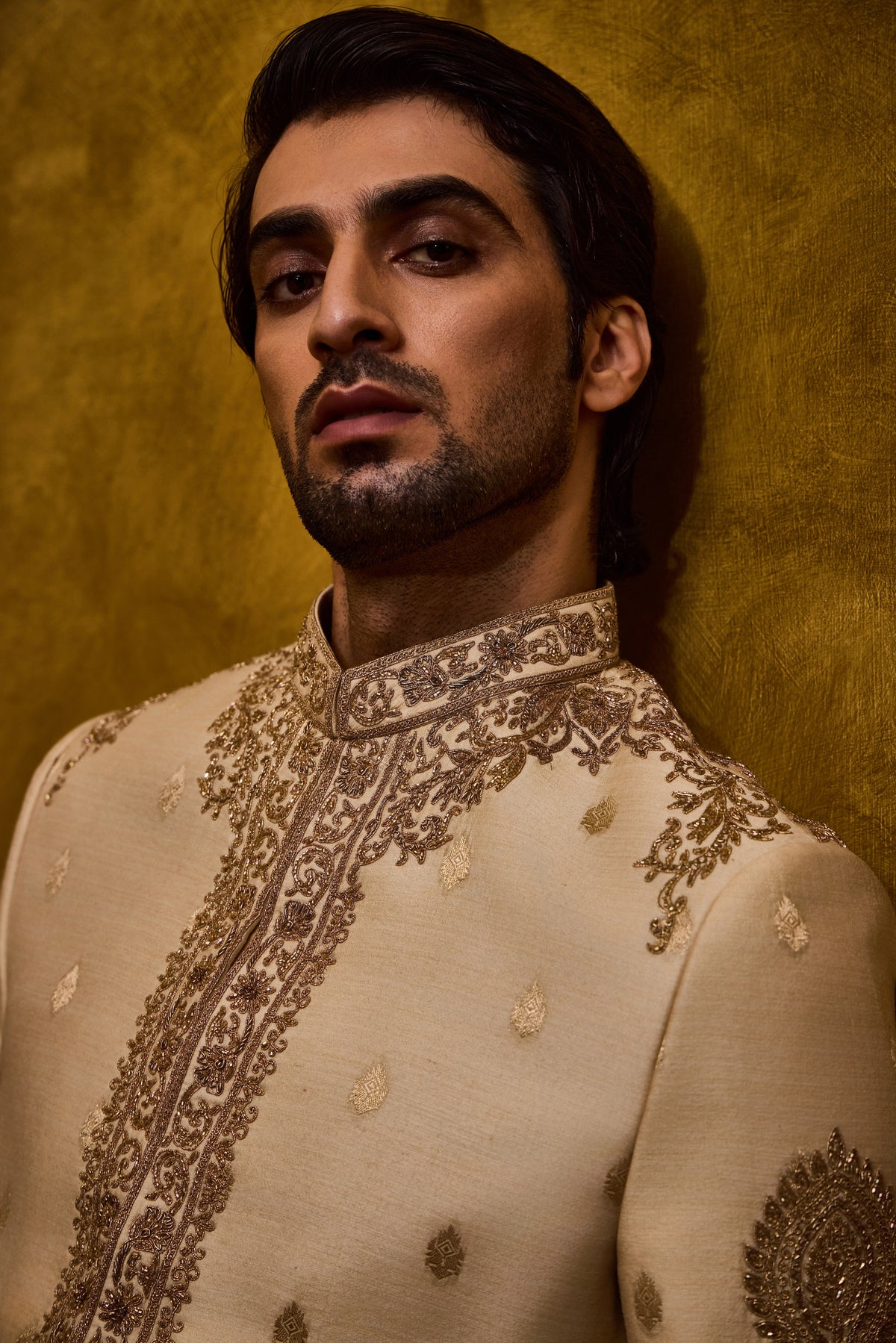 BEIGE MONGA BANARASI BOOTI SHERWANI SET