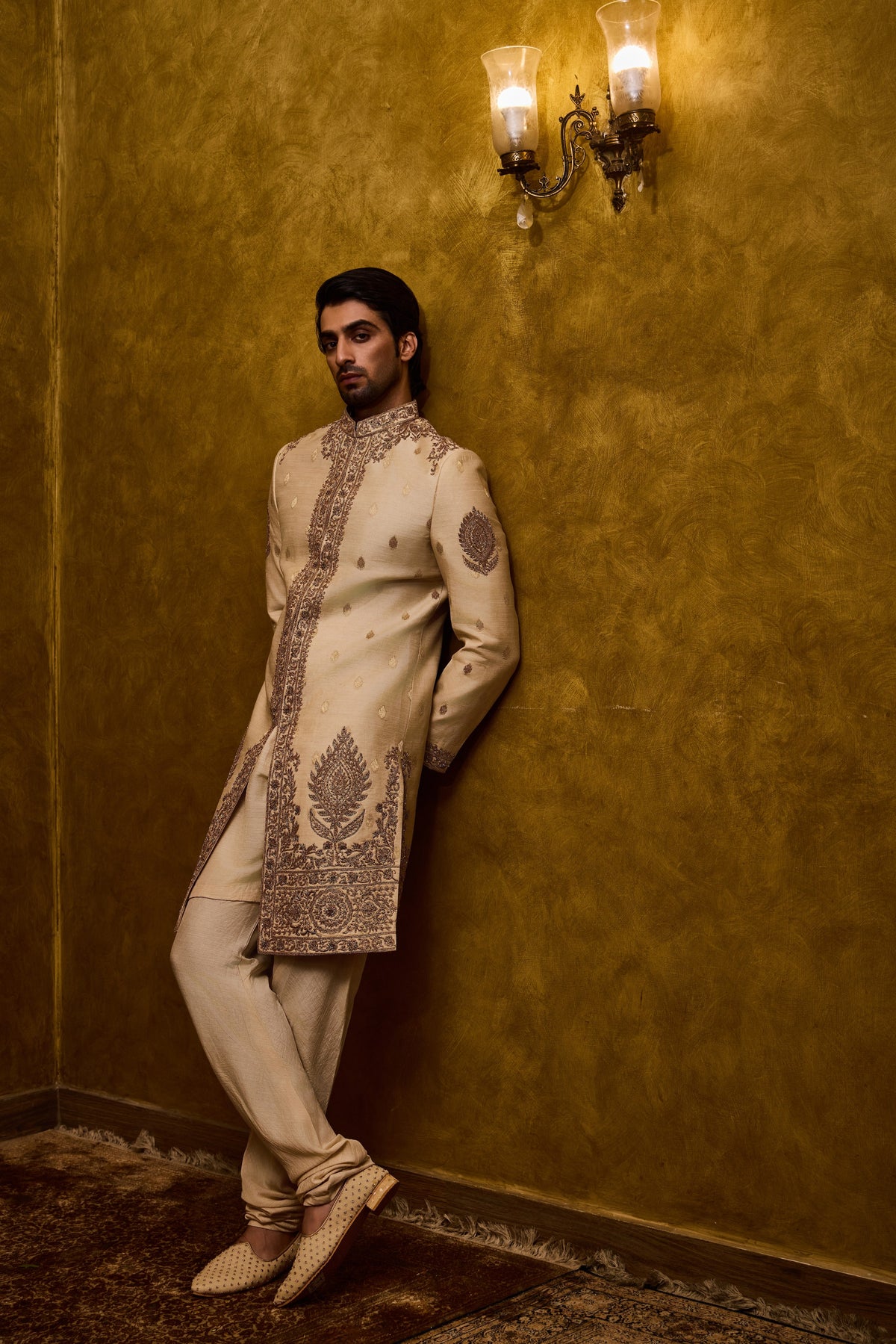 BEIGE MONGA BANARASI BOOTI SHERWANI SET
