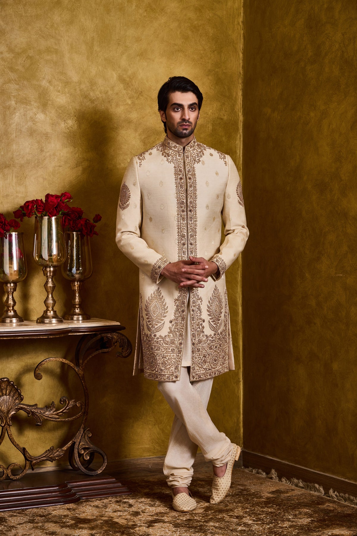 BEIGE MONGA BANARASI BOOTI SHERWANI SET