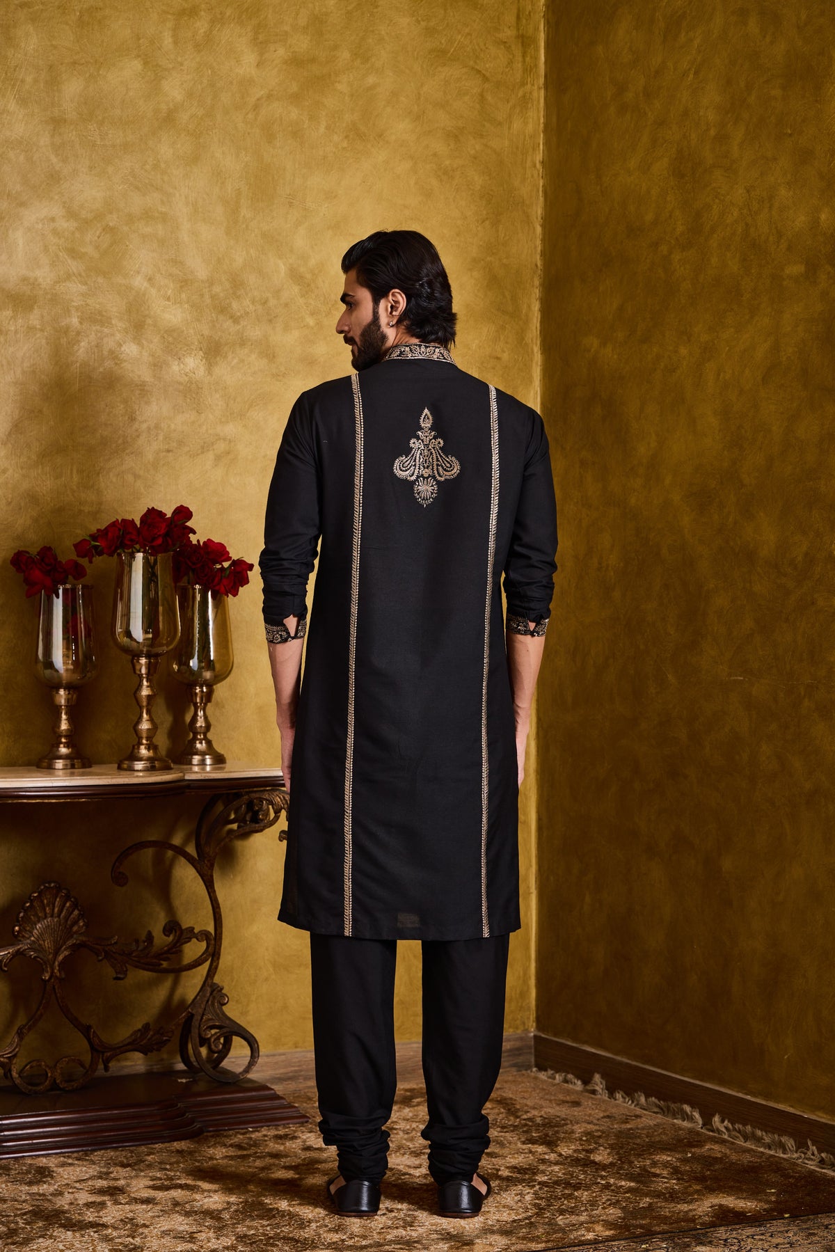 BLACK COTTON SILK KURTA CHURIDAR KASAB EMBROIDERY SET