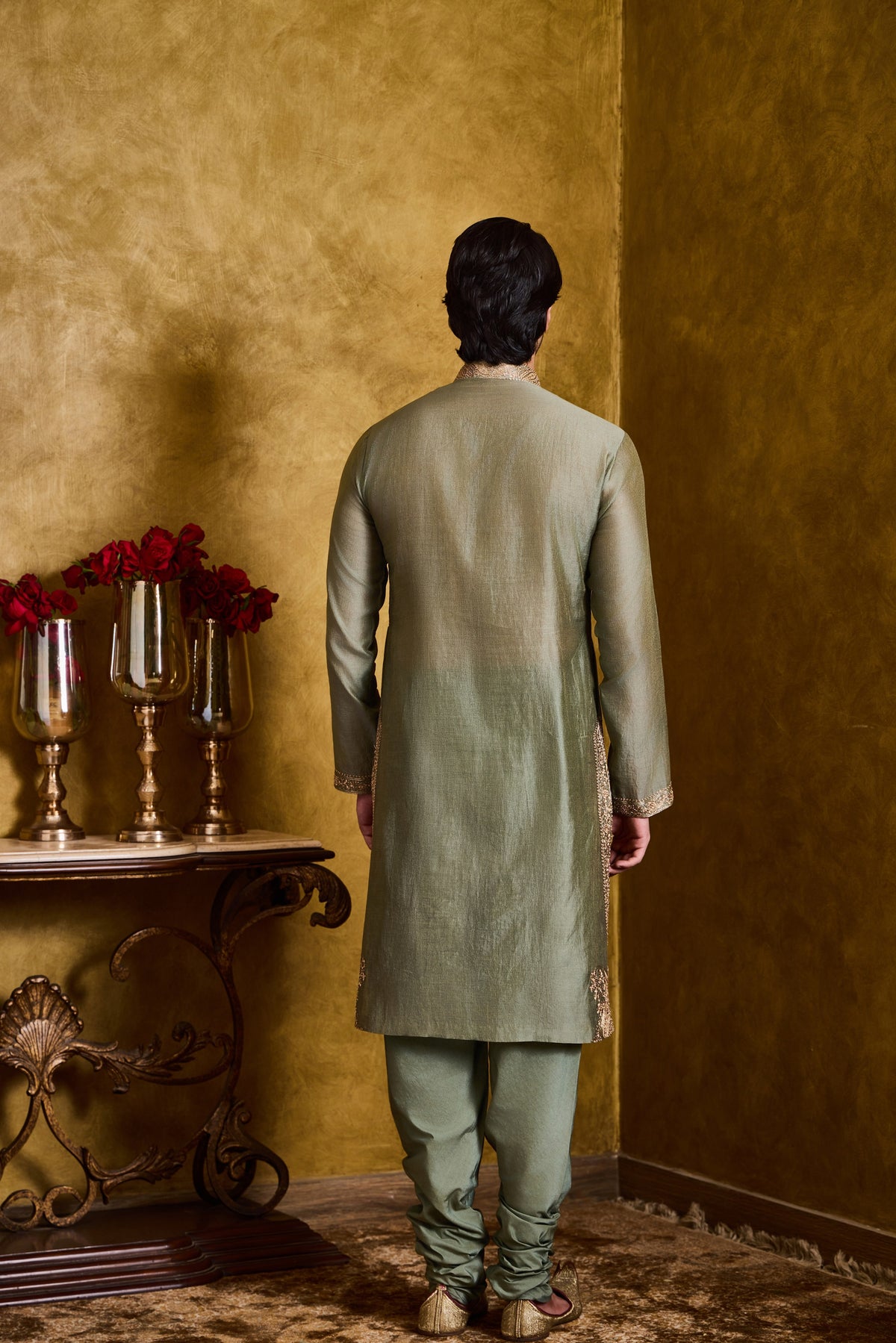 DARK OLIVE GREEN CHANDERI KURTA CHURIDAR SET