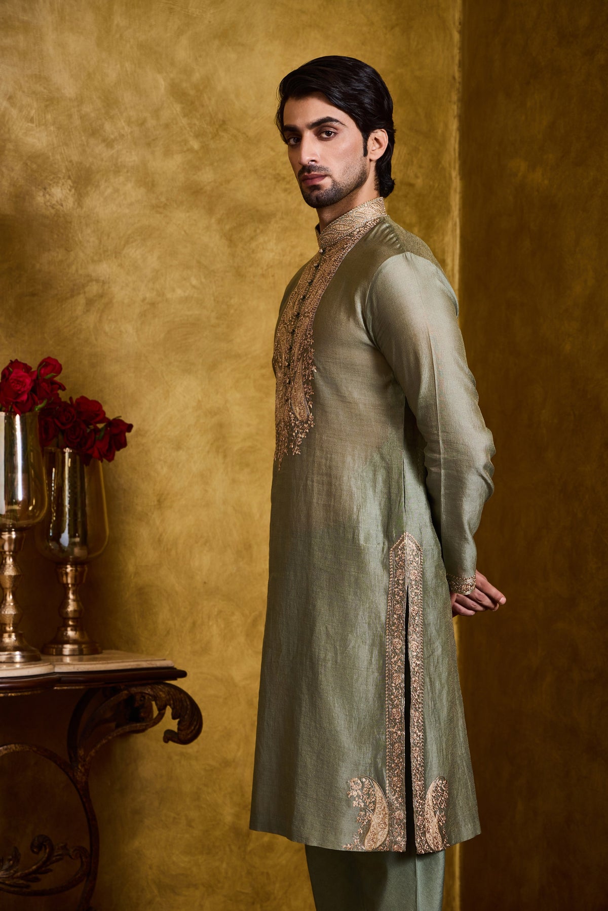 DARK OLIVE GREEN CHANDERI KURTA CHURIDAR SET