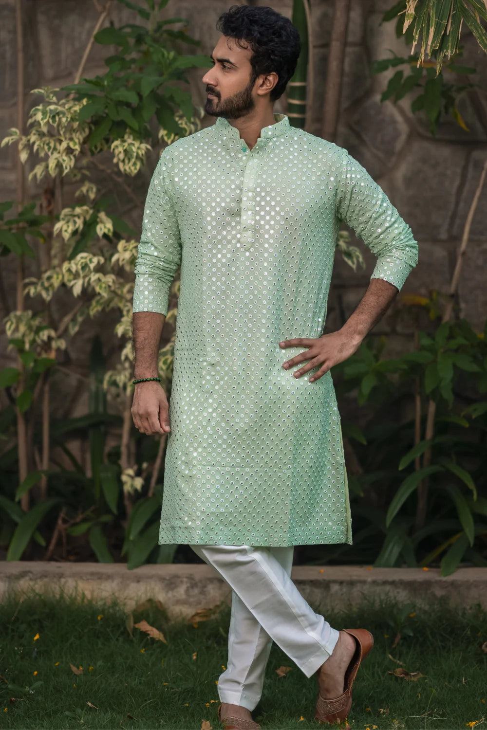 Pista Green Mirror Work Designer Kurta