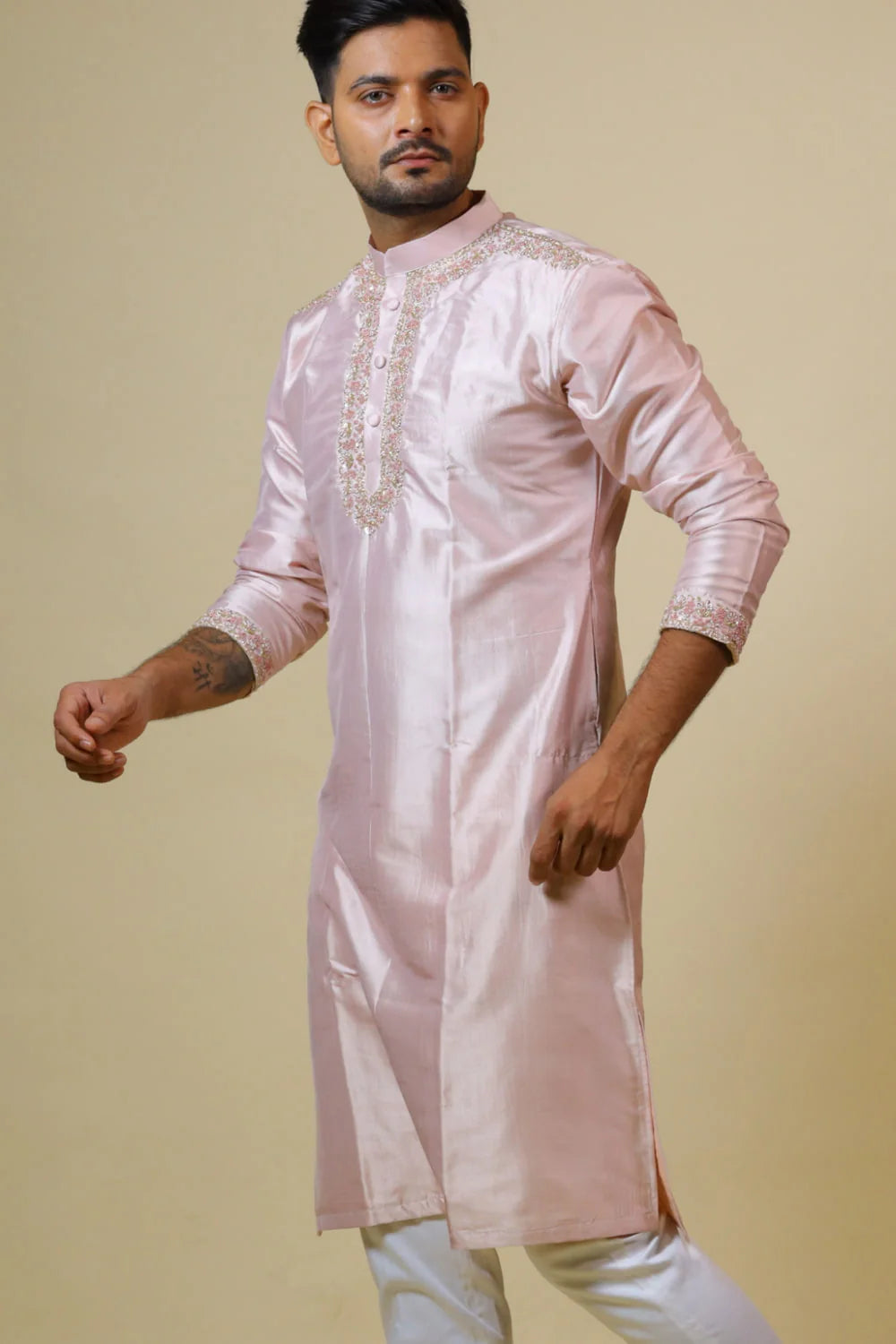 Light Coral Embroidered Collar Designer Kurta