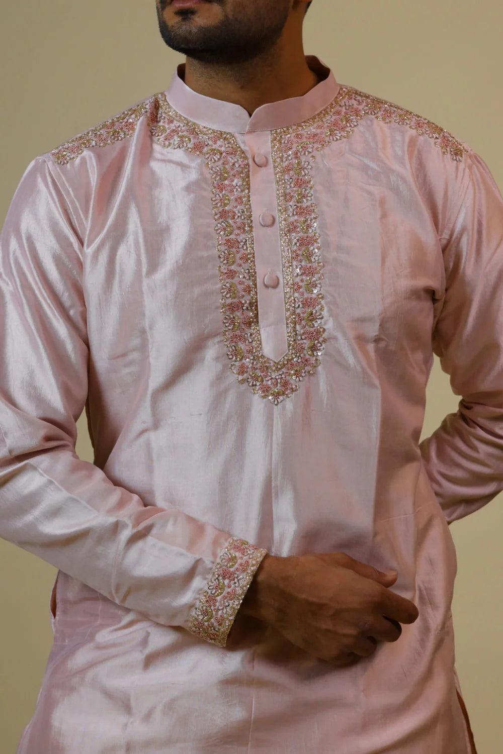 Light Coral Embroidered Collar Designer Kurta