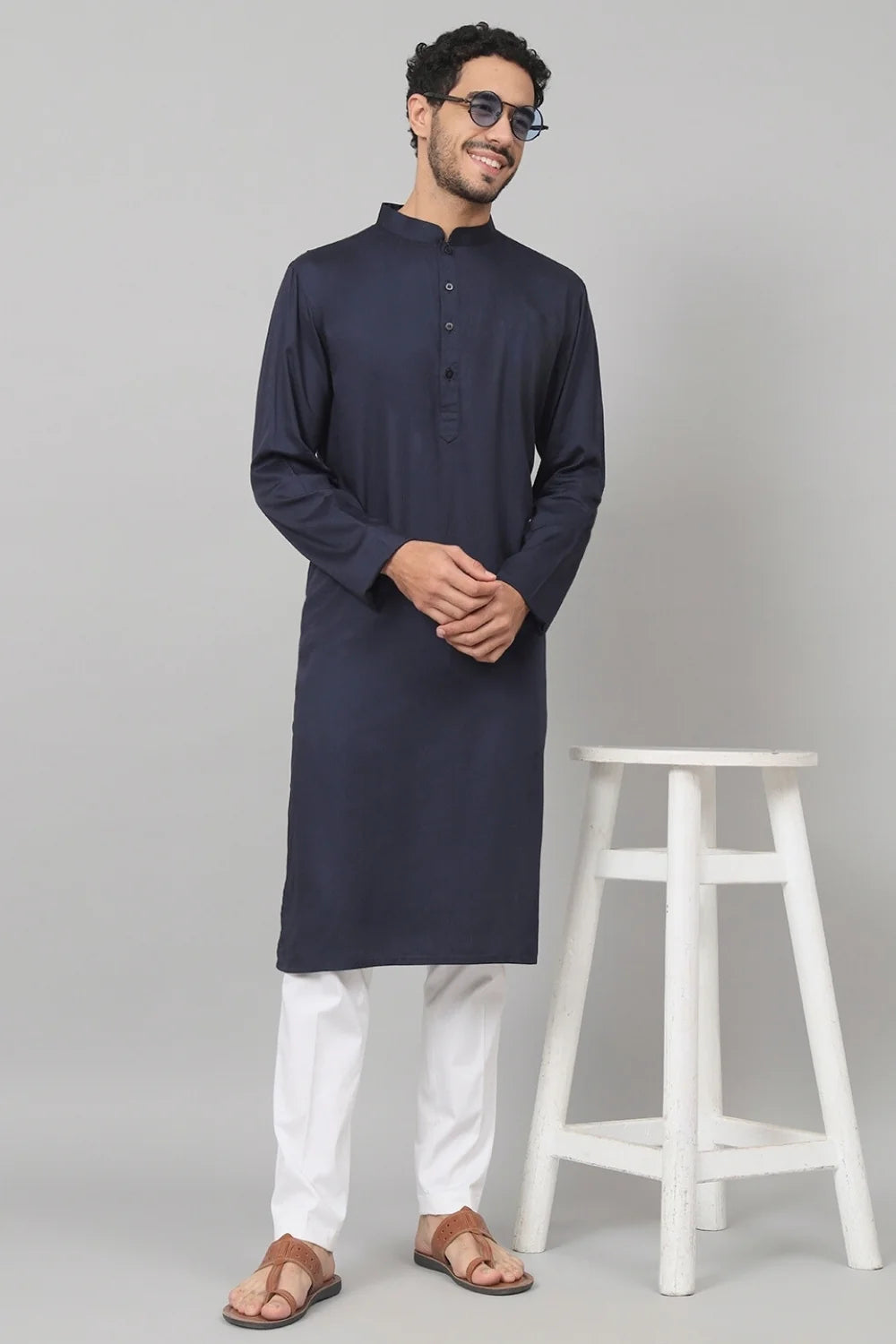Giza cotton navy blue plain kurta
