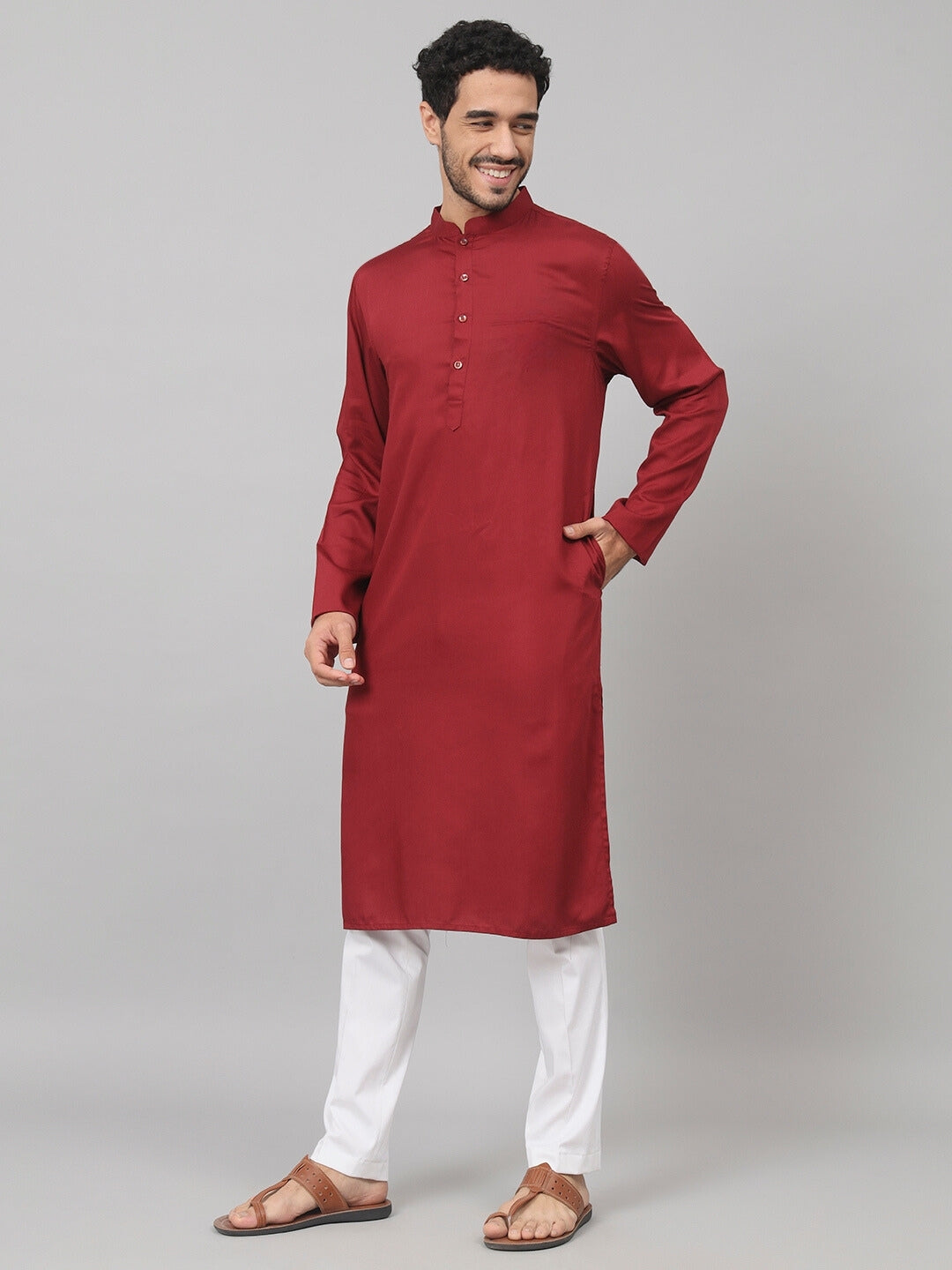 Giza cotton maroon plain kurta
