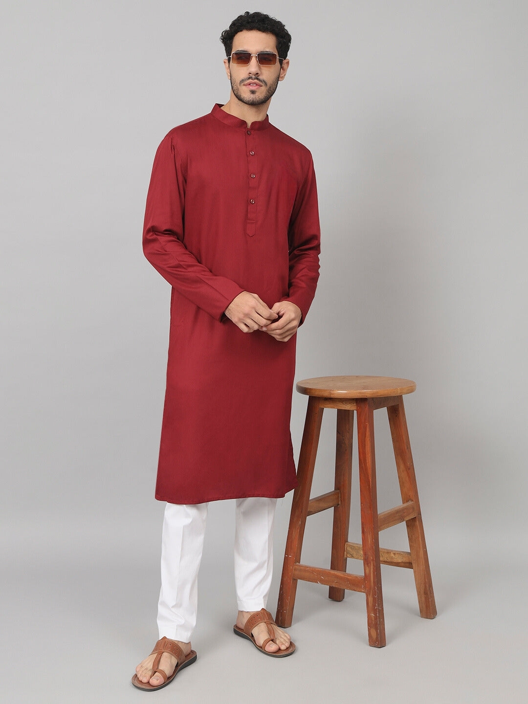 Giza cotton maroon plain kurta