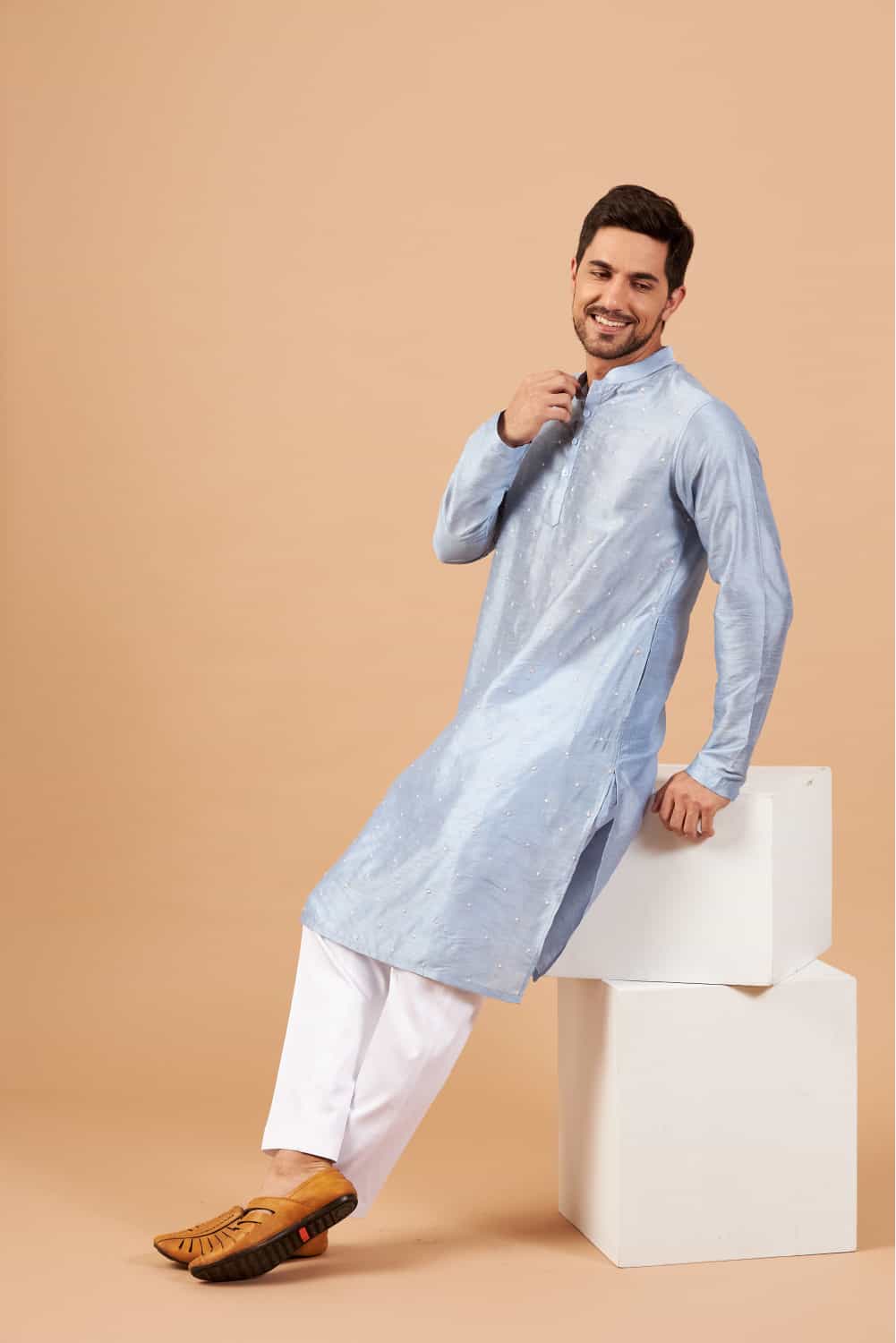 Viva Dot Embroidered Sky Blue Kurta
