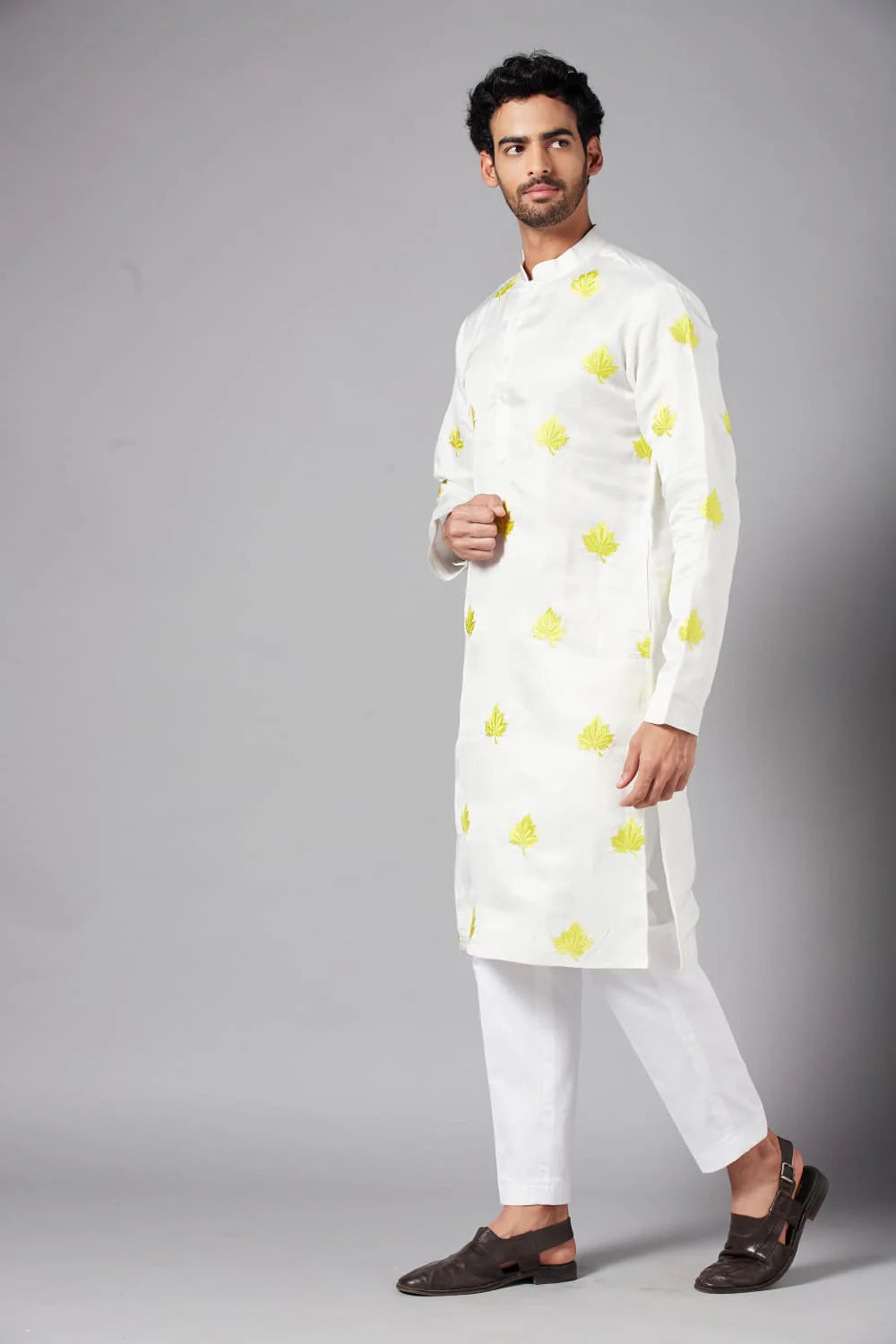 MOGRA YELLOW LEAF EMBROIDERED KURTA
