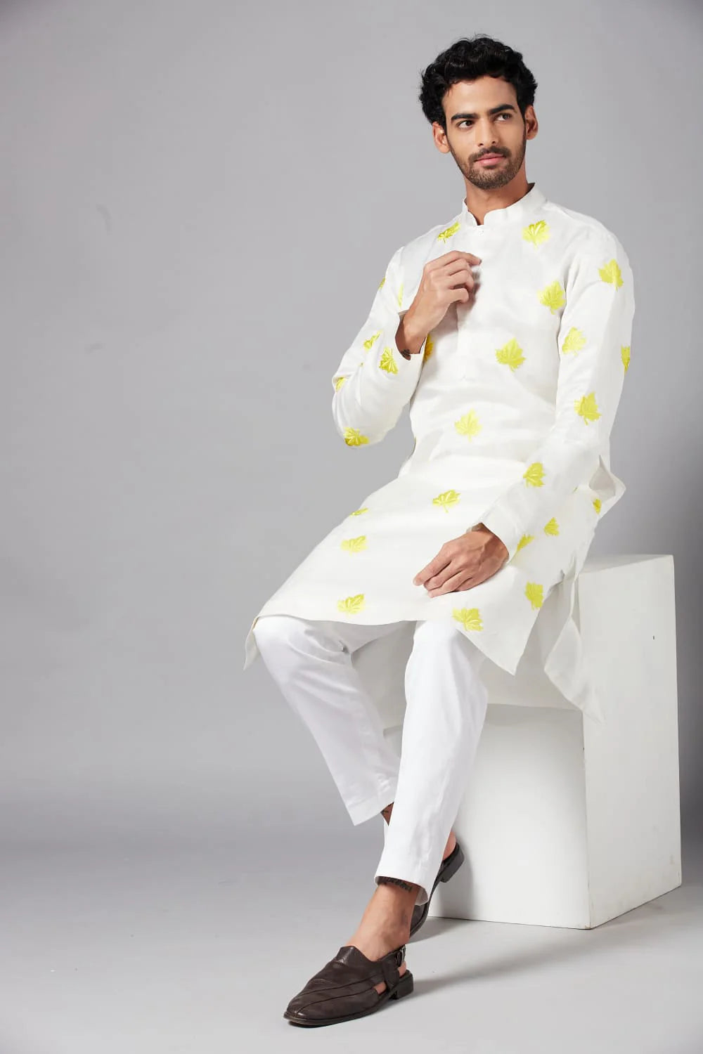 MOGRA YELLOW LEAF EMBROIDERED KURTA