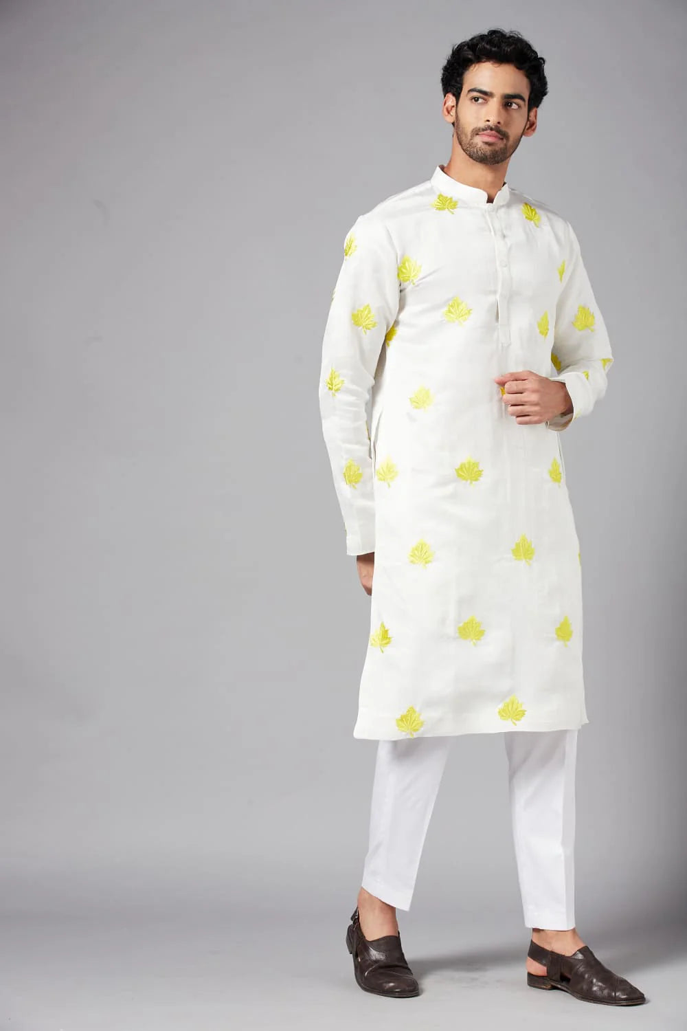 MOGRA YELLOW LEAF EMBROIDERED KURTA
