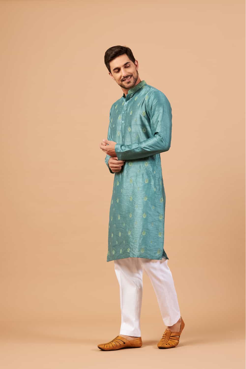 Greafy Two Motif Embroidered Green Kurta