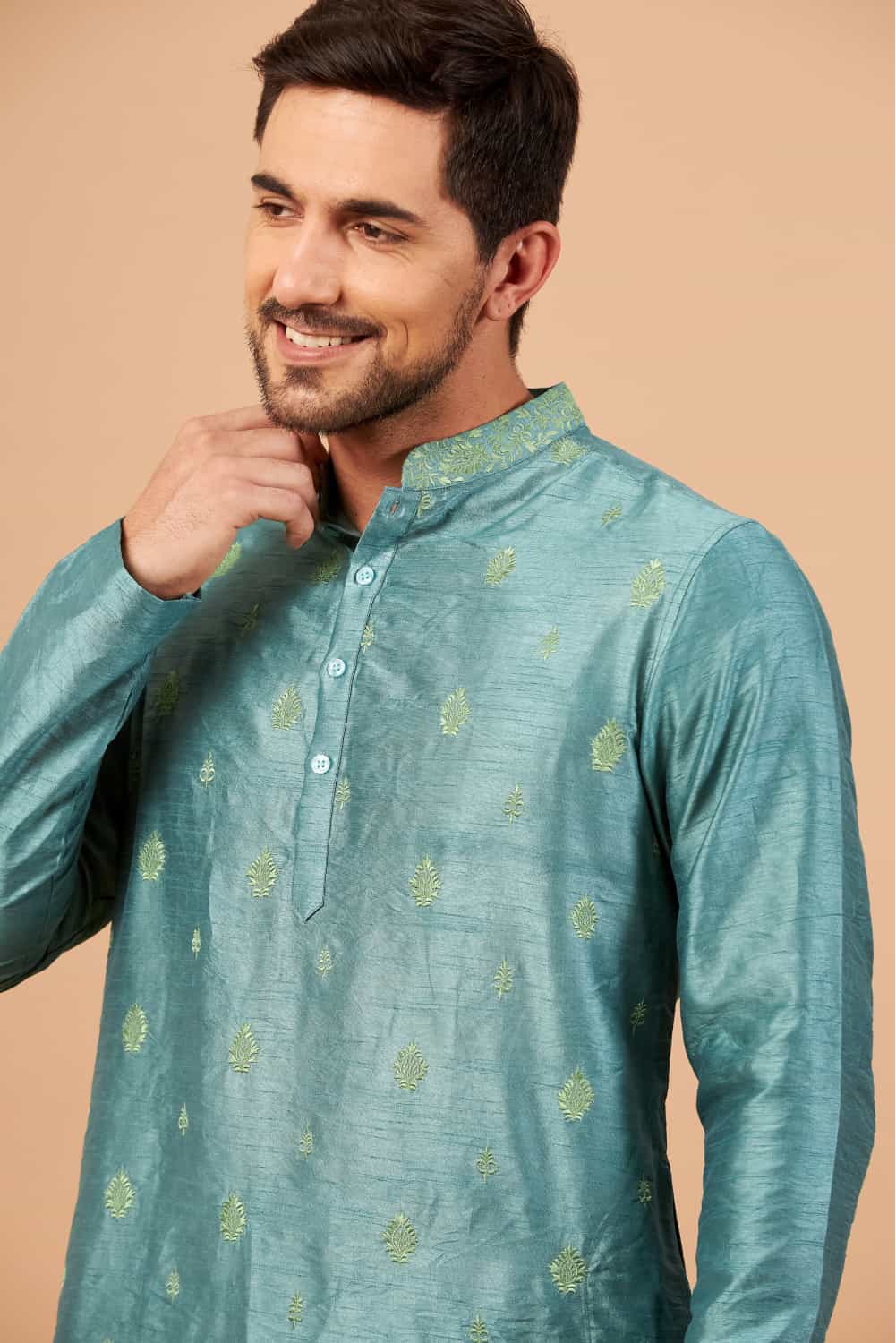 Greafy Two Motif Embroidered Green Kurta