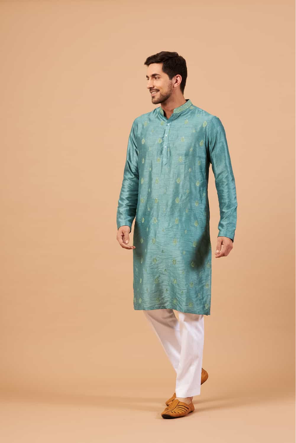 Greafy Two Motif Embroidered Green Kurta